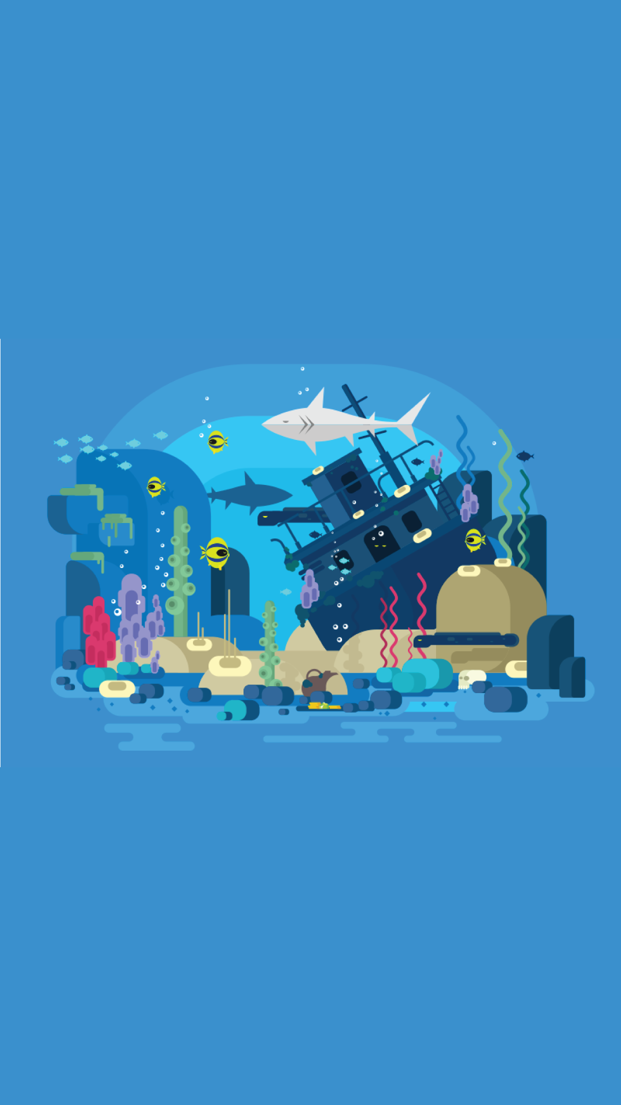 Underwater shipwreck with sharks and fish HD Wallpaper