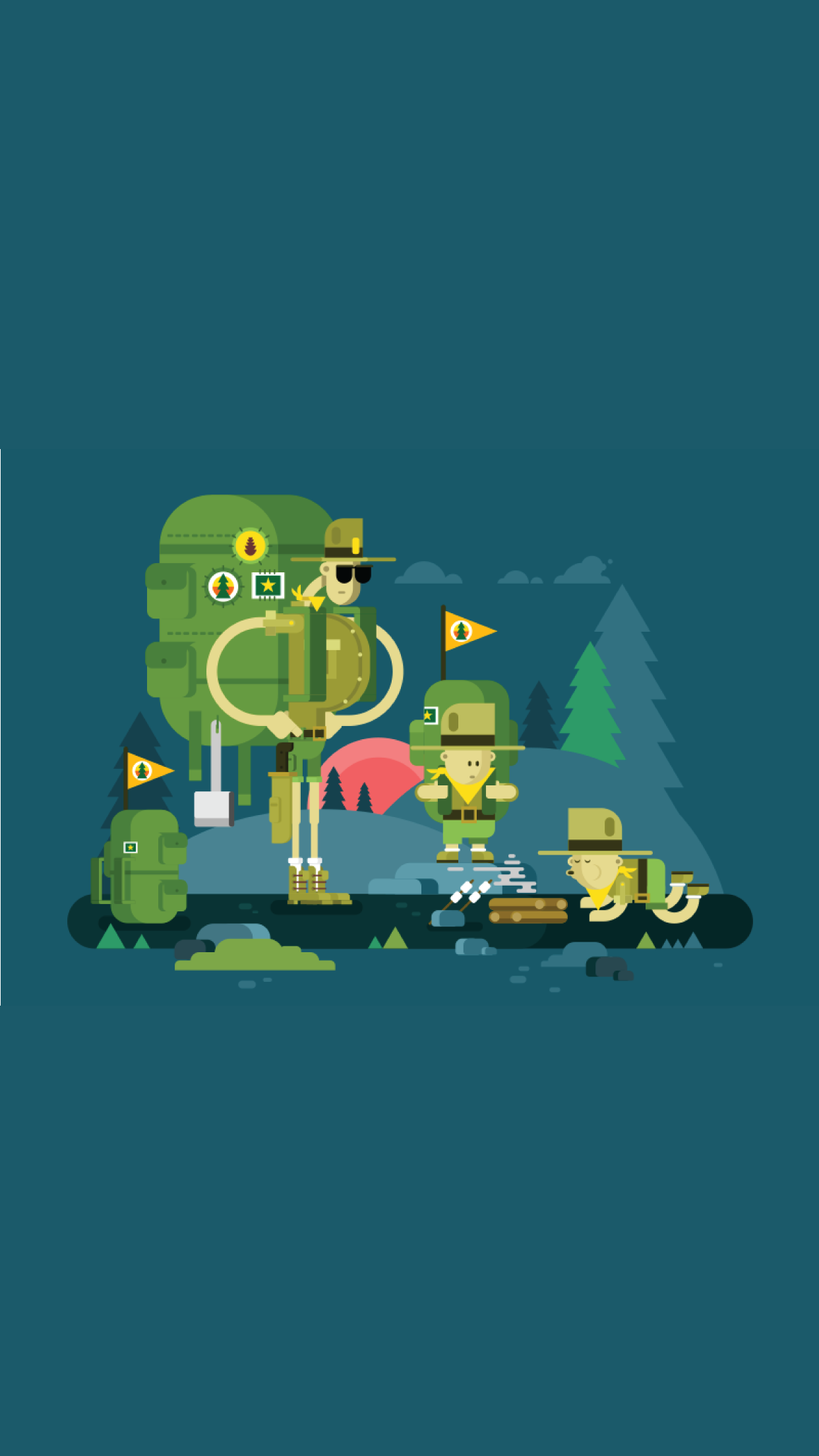 Scouts camping with backpacks and campfire HD Wallpaper