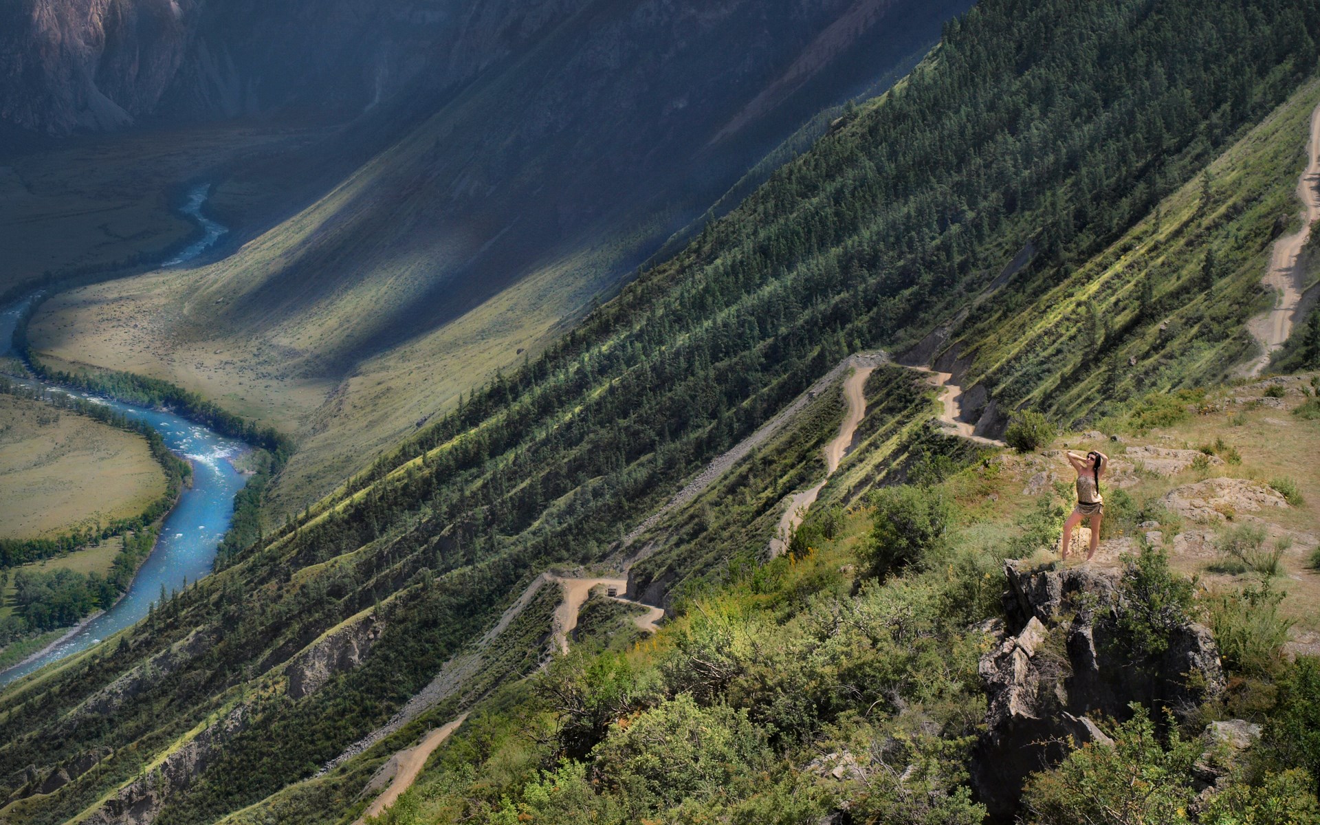 Woman on mountain overlooking river valley HD Wallpaper