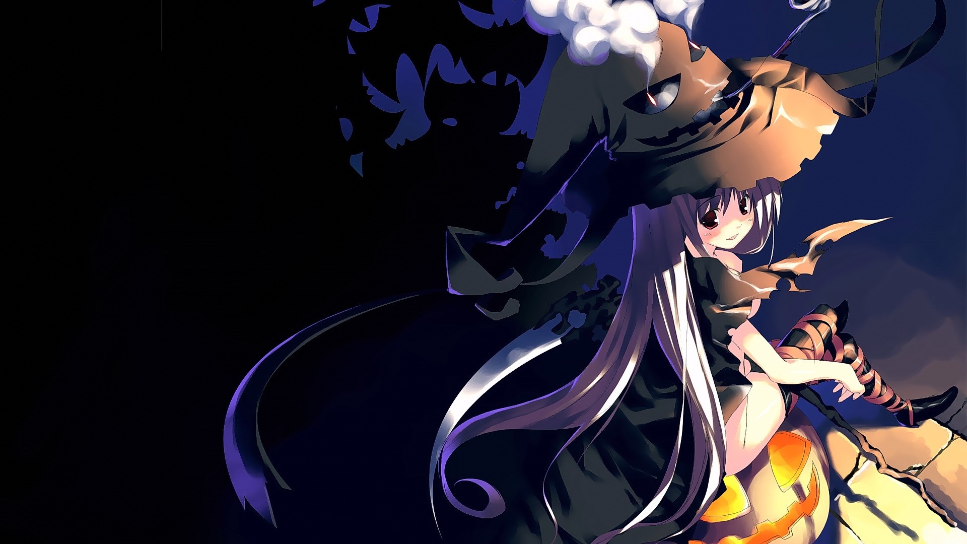 Anime girl in witch hat sitting on a pumpkin HD Wallpaper