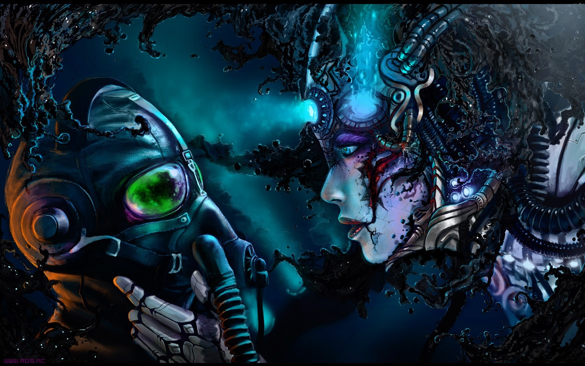 Cybernetic woman and masked figure in dark sci-fi art HD Wallpaper