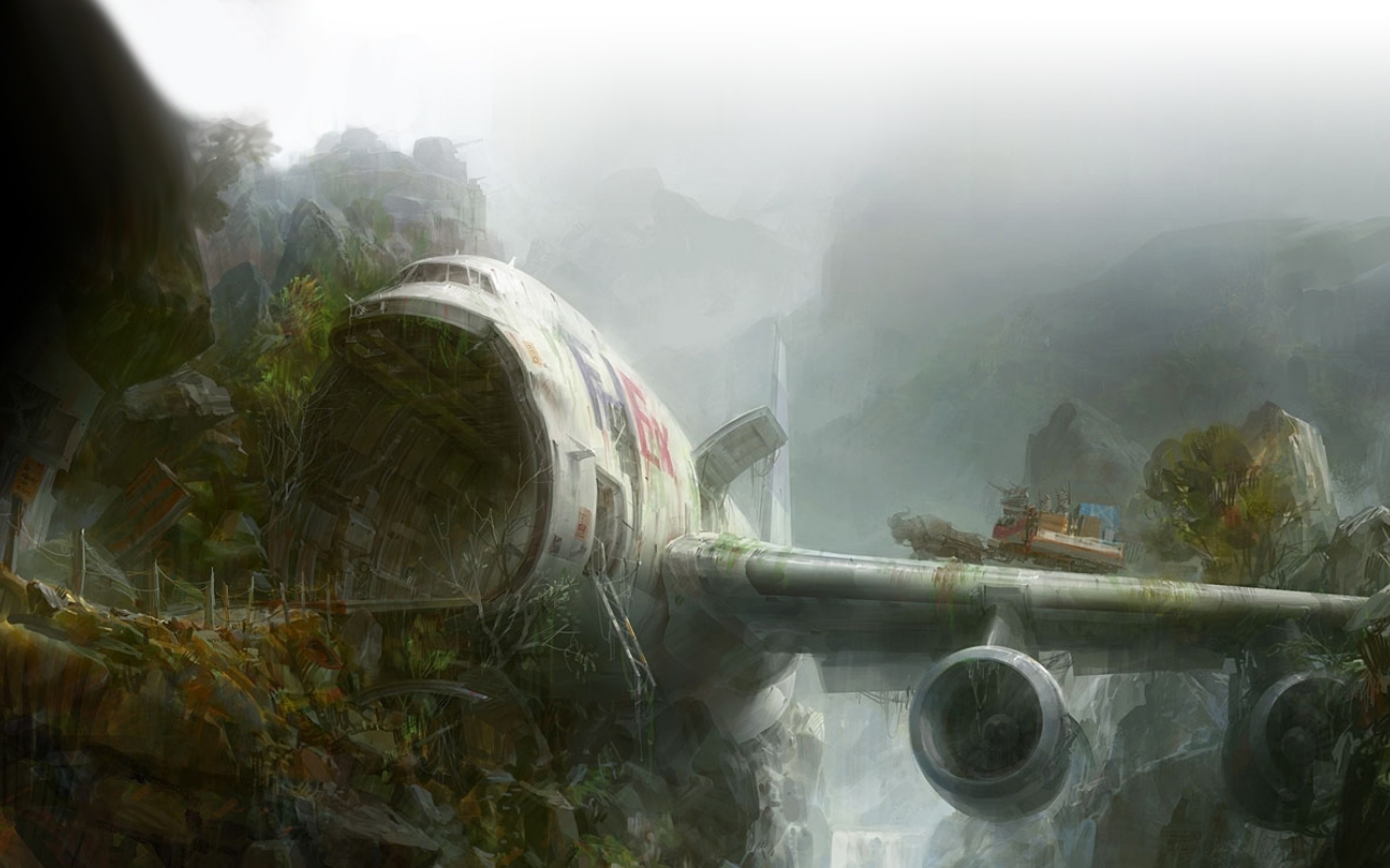 Crashed airplane in a misty jungle with a waterfall HD Wallpaper