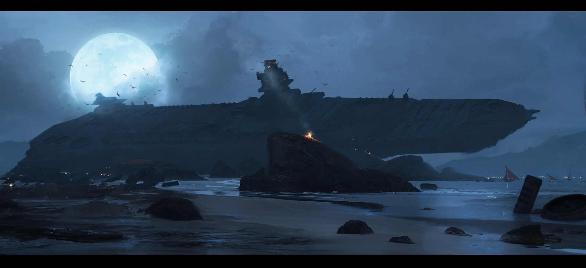 Ghost ship on a rocky shore under a full moon HD Wallpaper