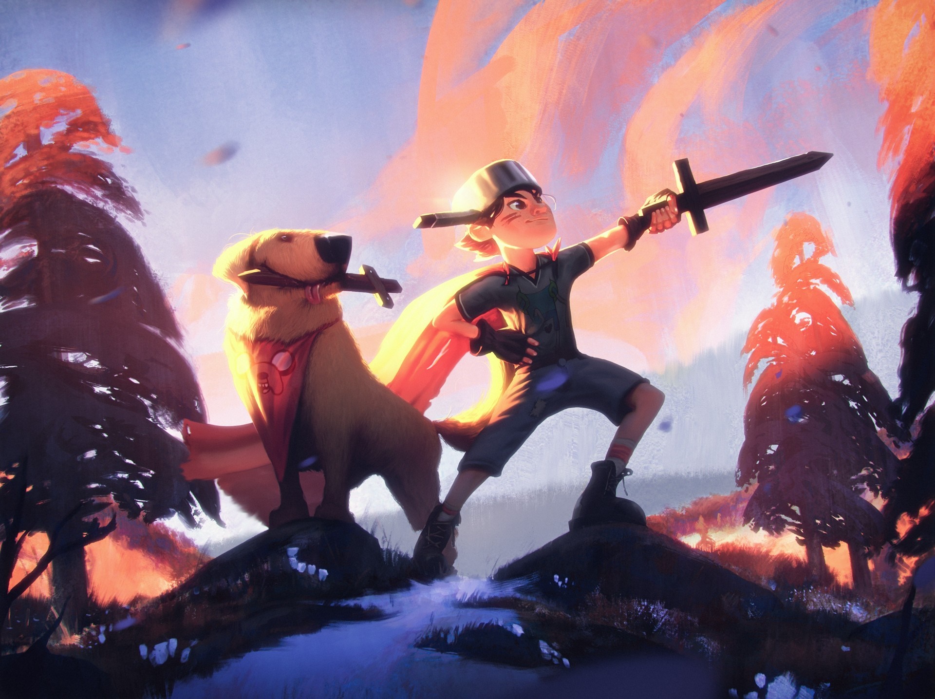 Boy with sword and dog in fantasy landscape HD Wallpaper