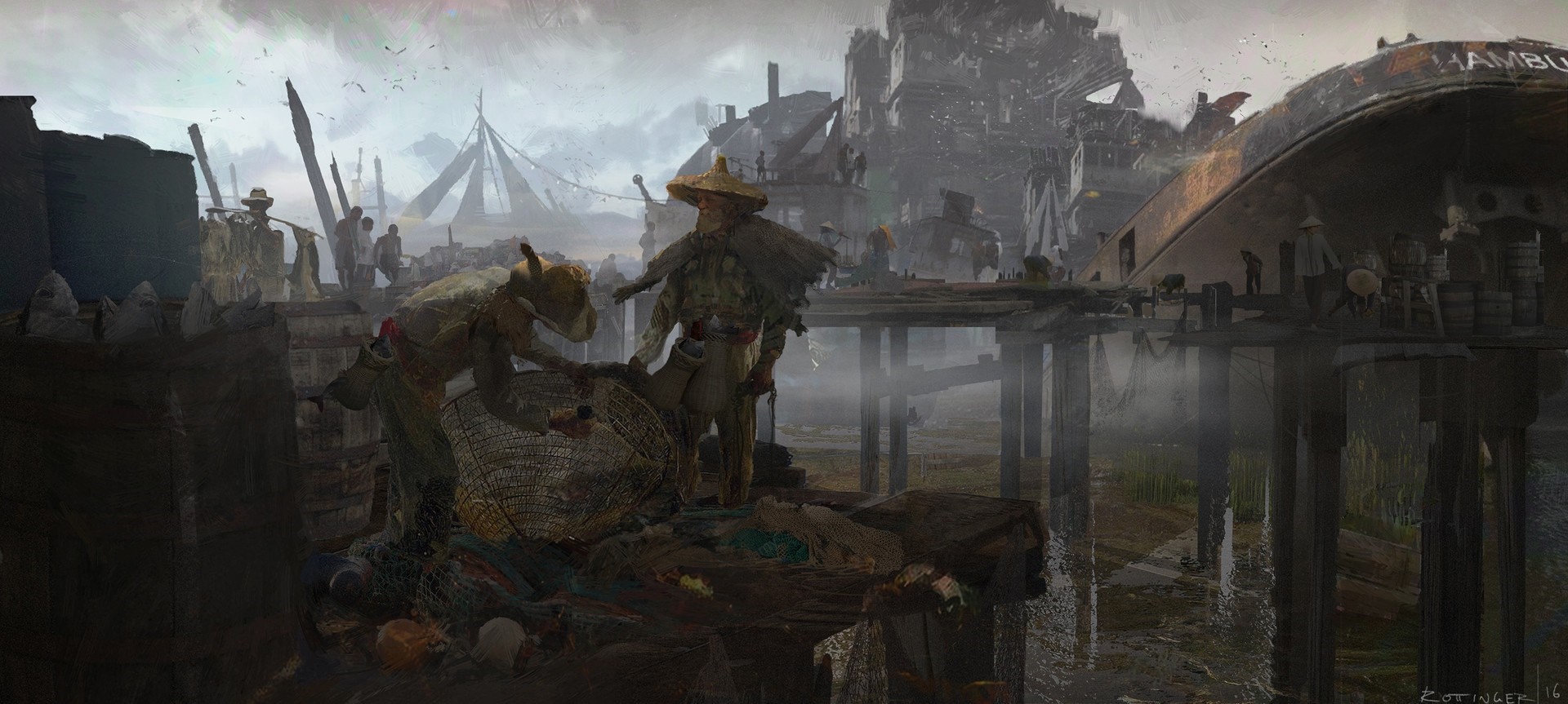 Post-apocalyptic harbor with people and a ship HD Wallpaper