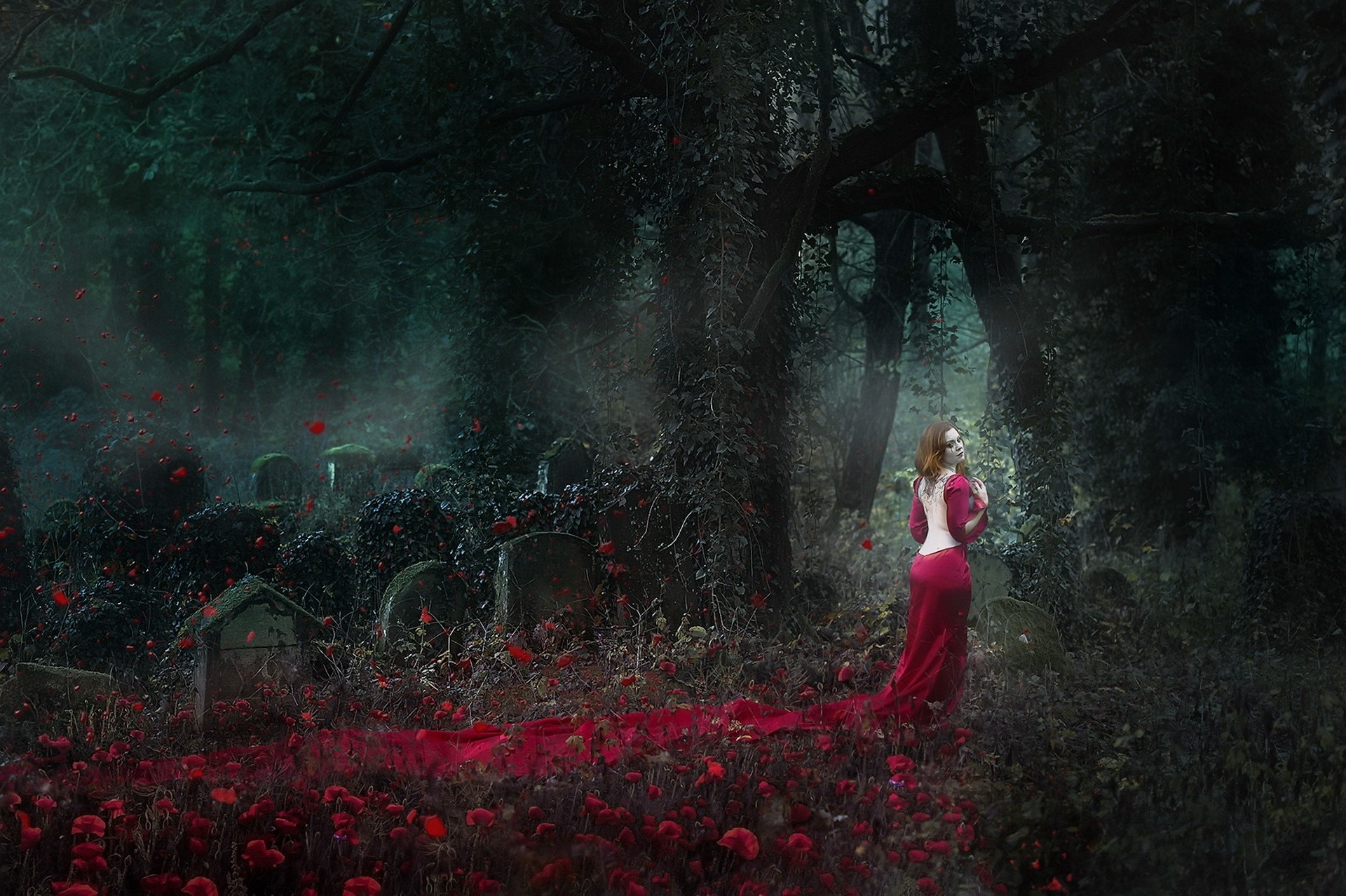Woman in red dress in a dark forest cemetery HD Wallpaper
