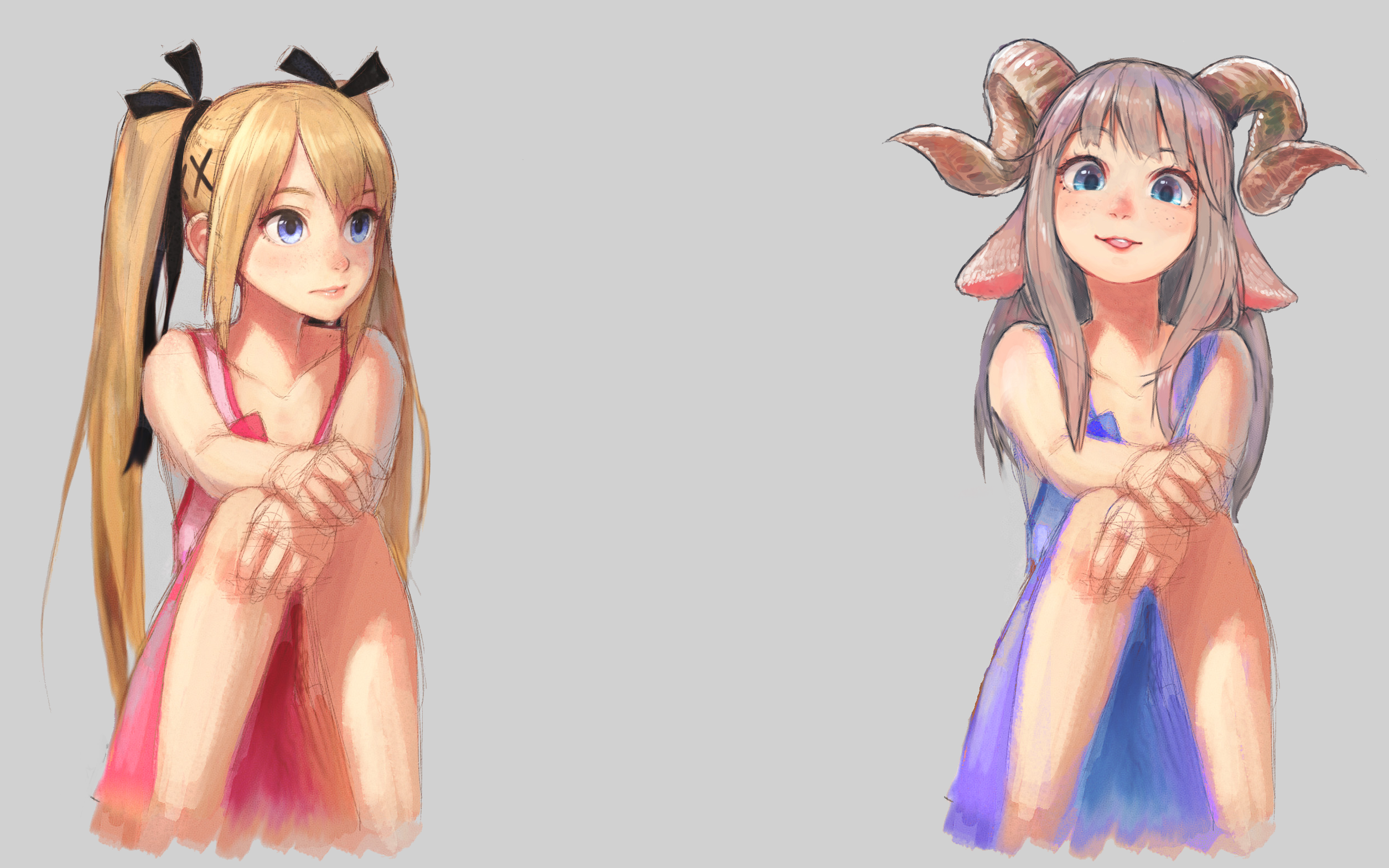 Two anime girls, one with blonde pigtails, the other with horns HD Wallpaper