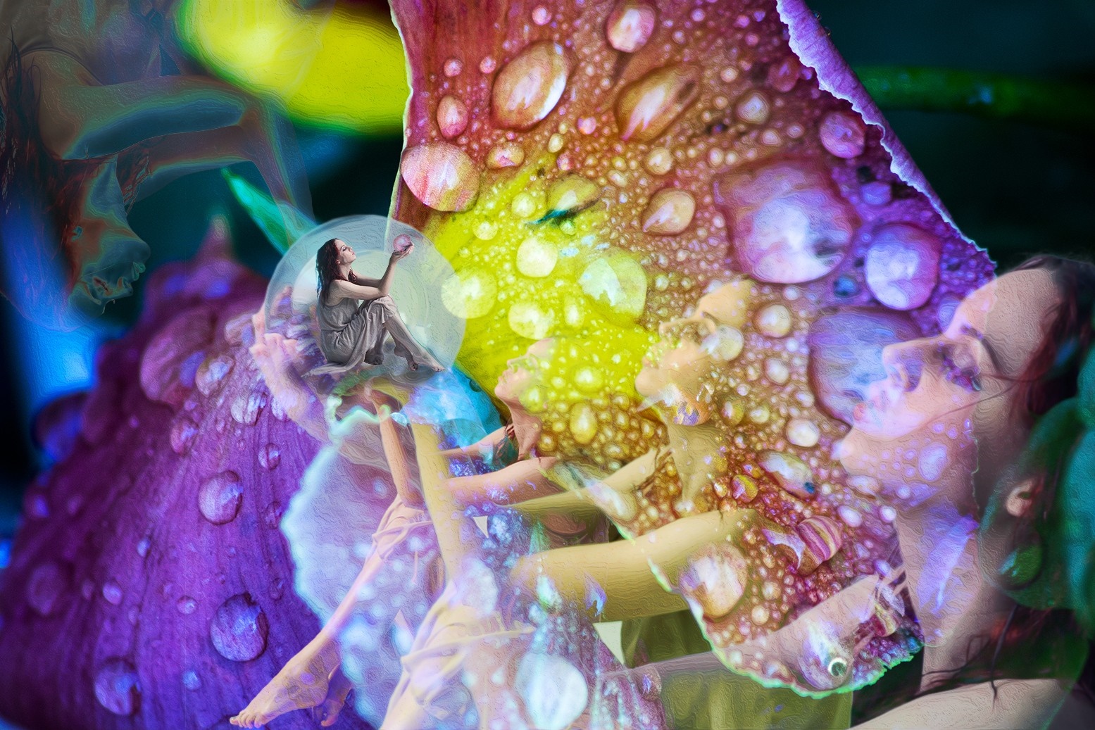 Surreal composite of women and water drops on a flower petal HD Wallpaper