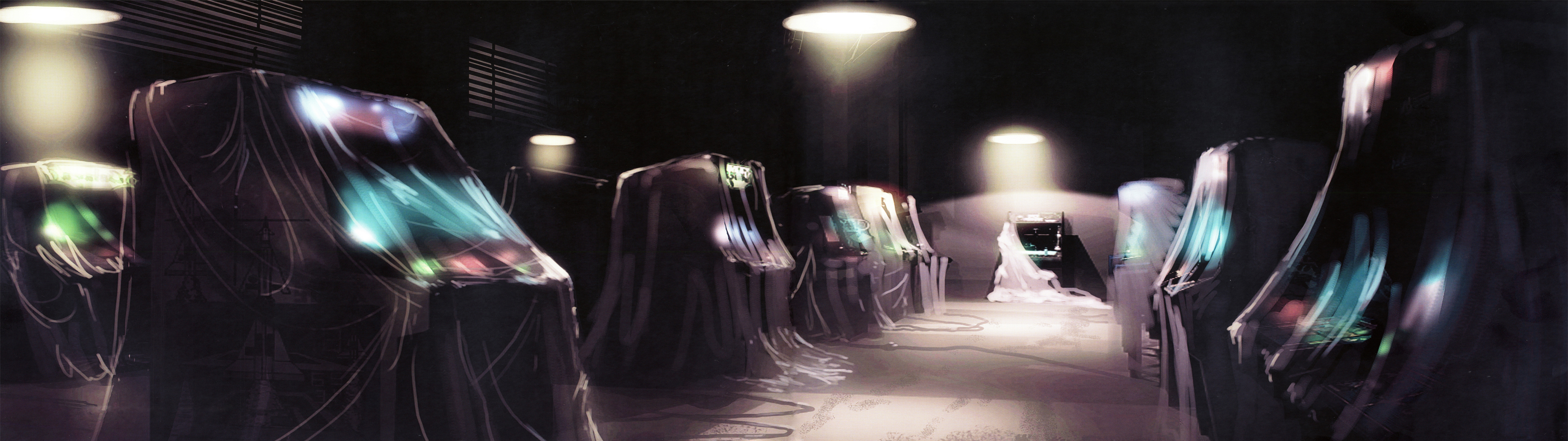 Arcade cabinets covered in sheets with glowing screens HD Wallpaper