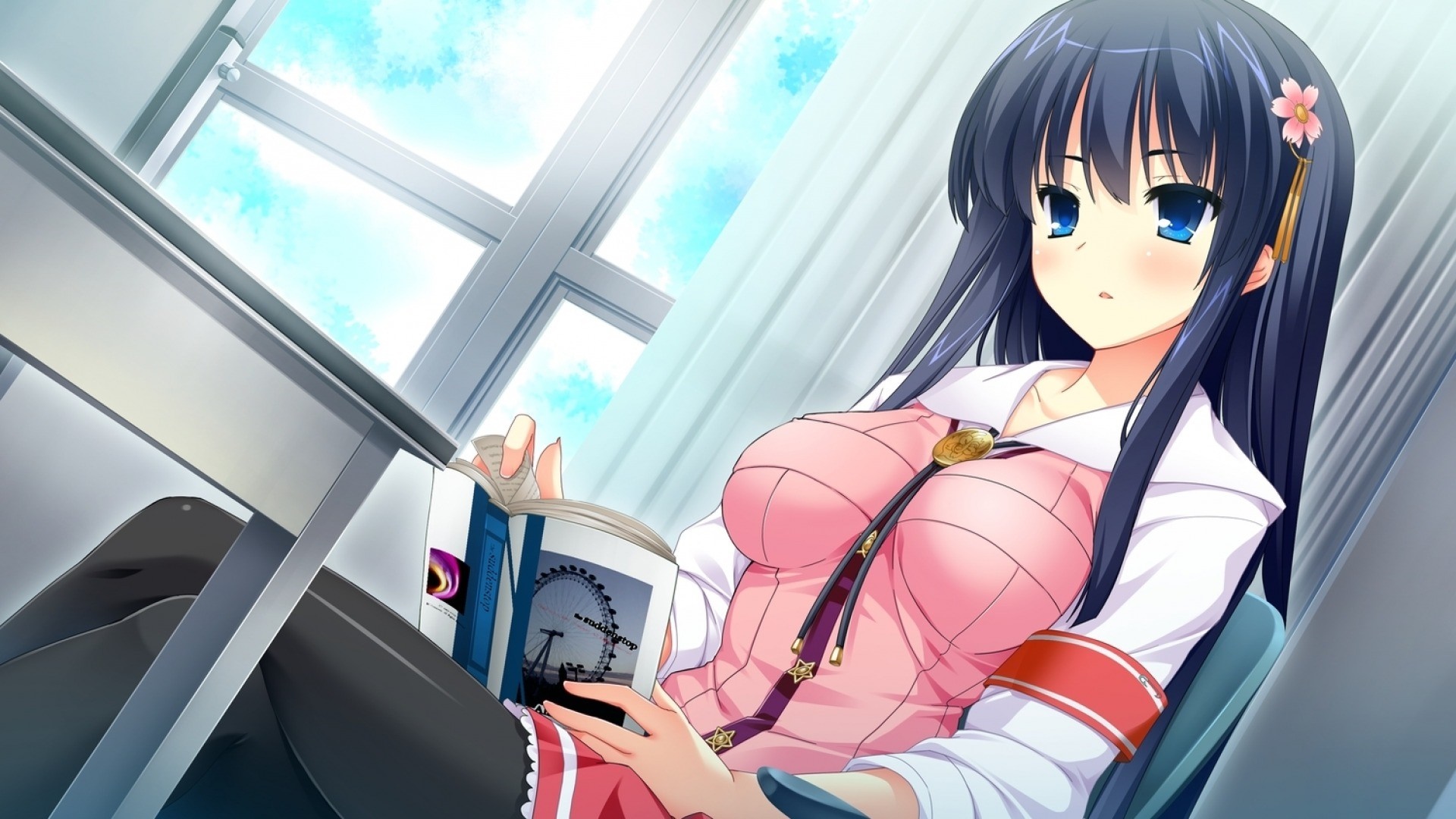 Anime girl with long dark hair reading a book HD Wallpaper