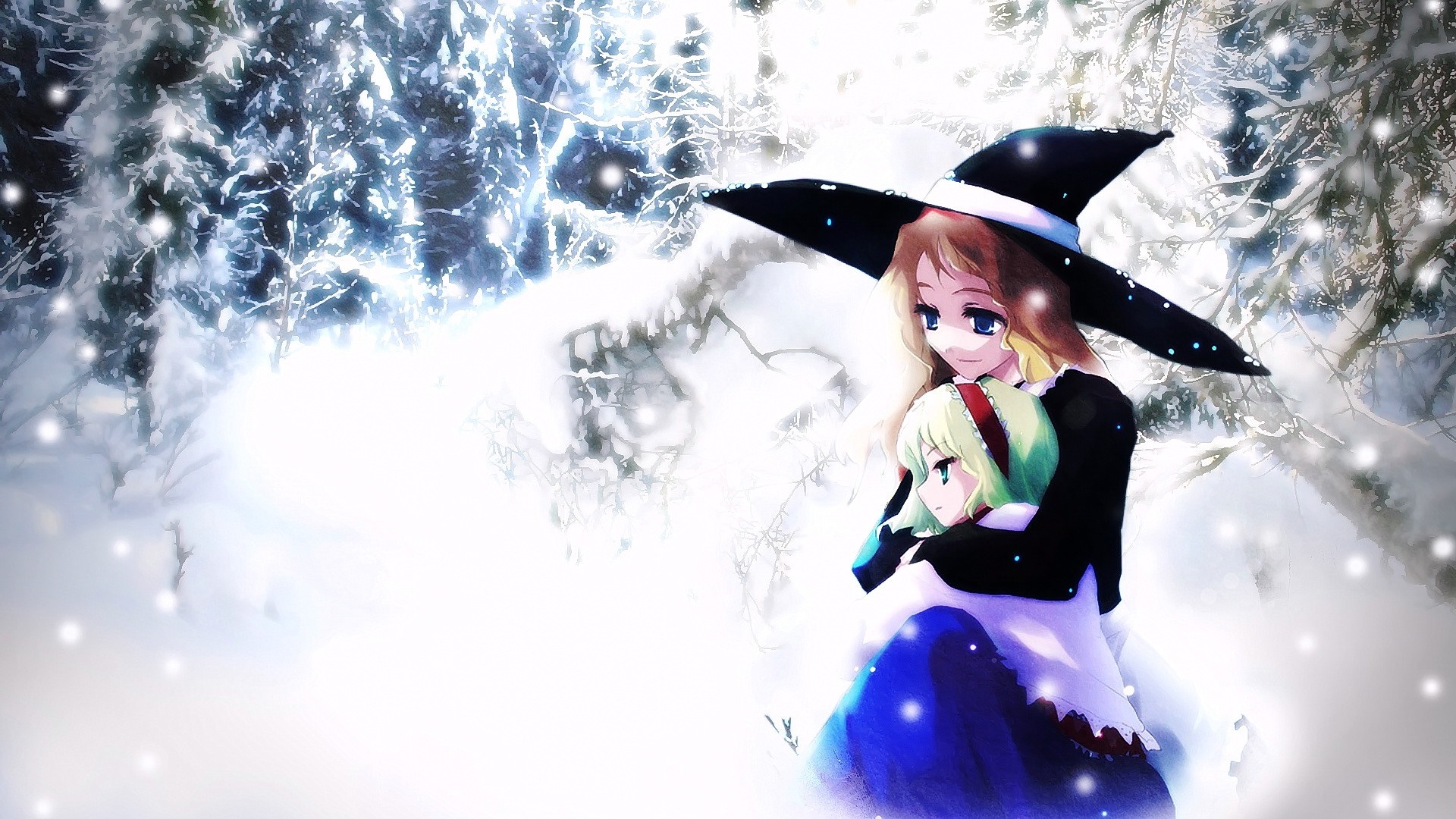 Two anime girls in a snowy forest HD Wallpaper