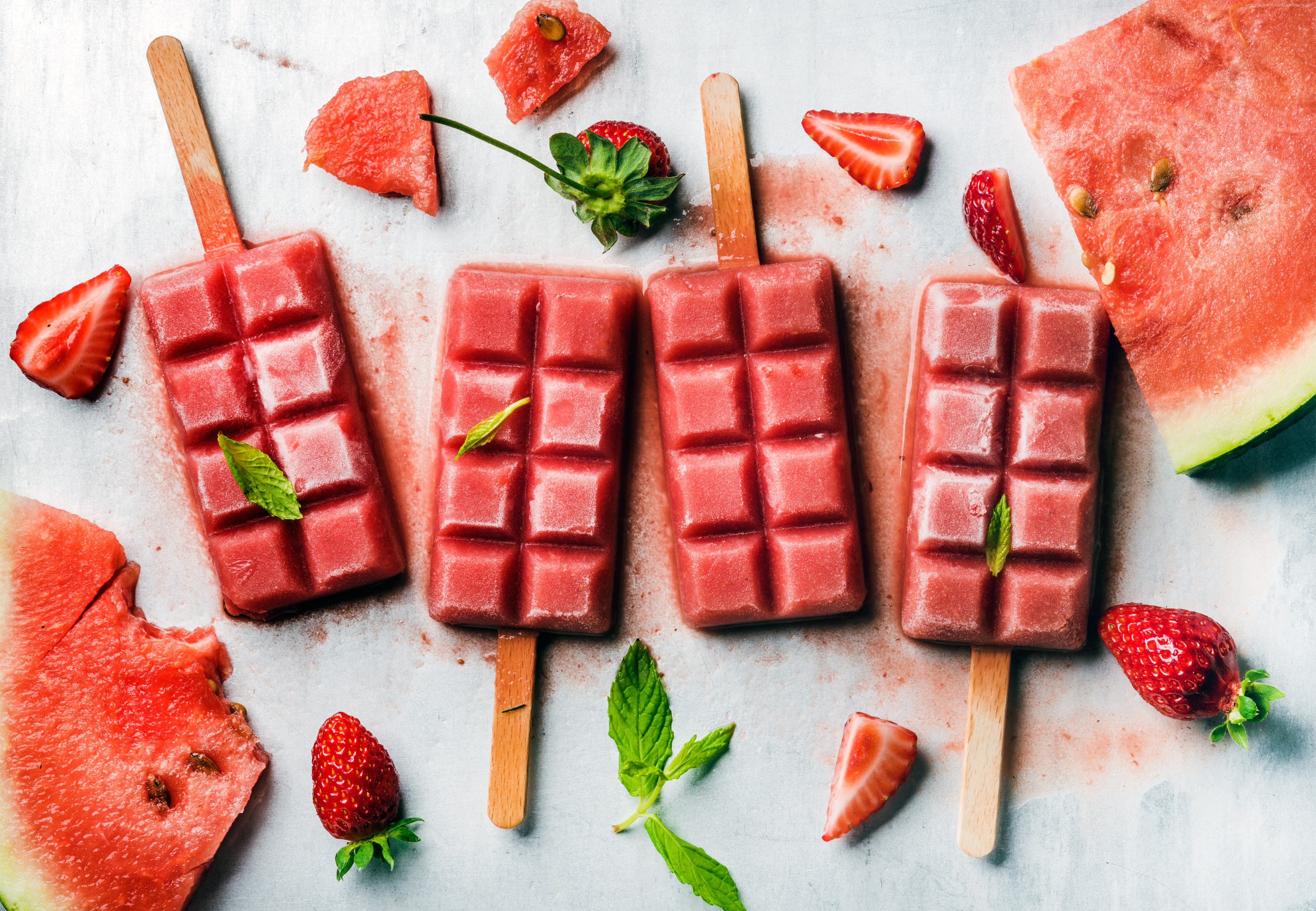 Watermelon and Strawberry Popsicles with Mint HD Wallpaper