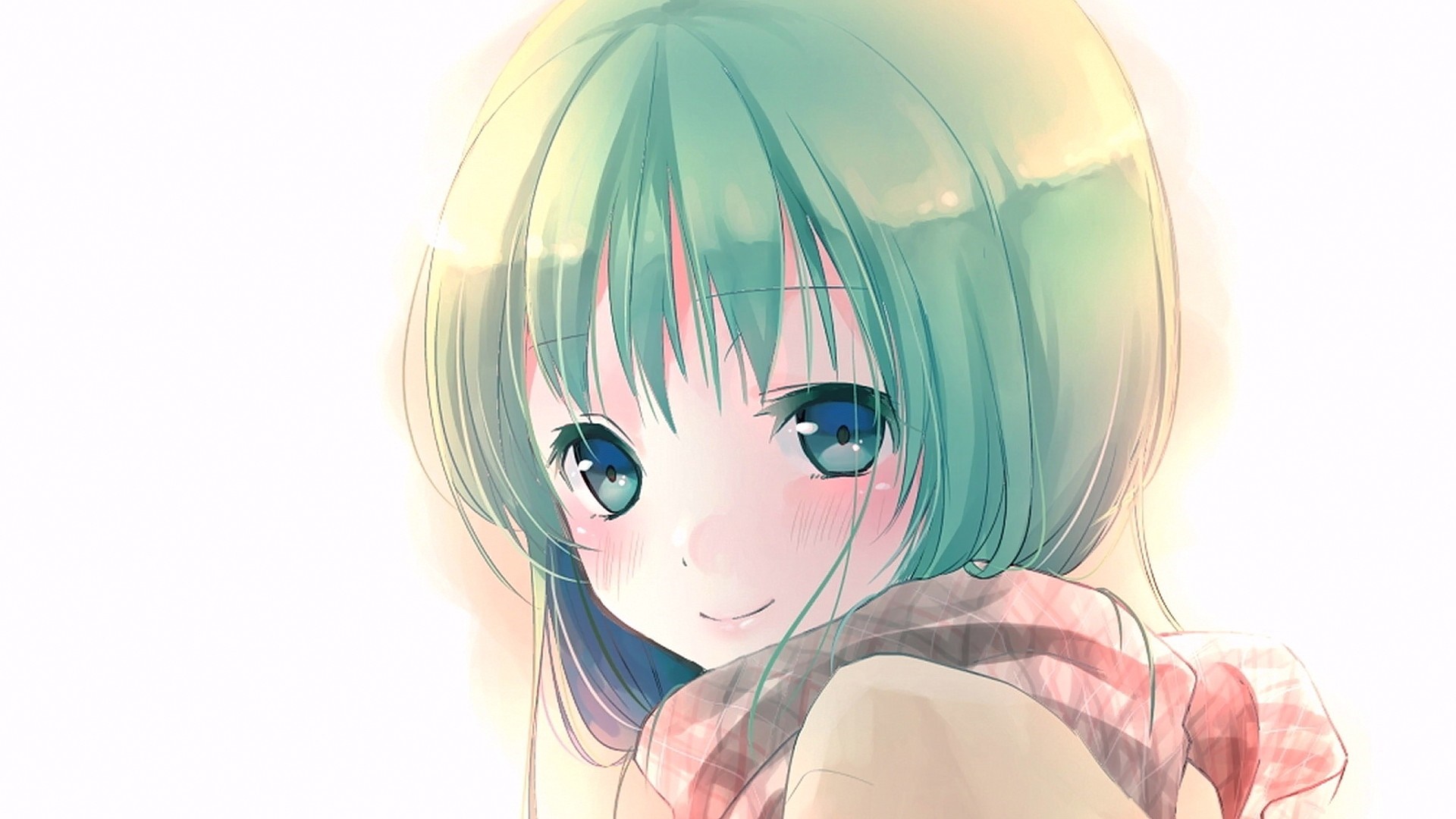 Anime girl with green hair and blue eyes smiling HD Wallpaper