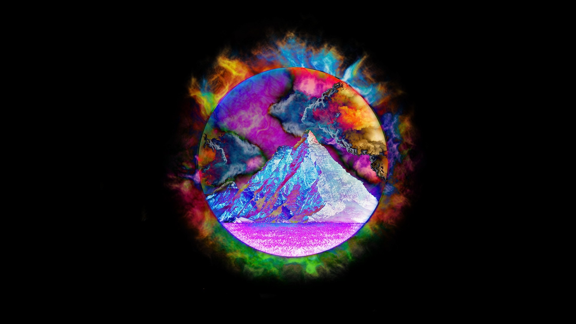 Abstract colorful mountain sphere with fiery aura HD Wallpaper
