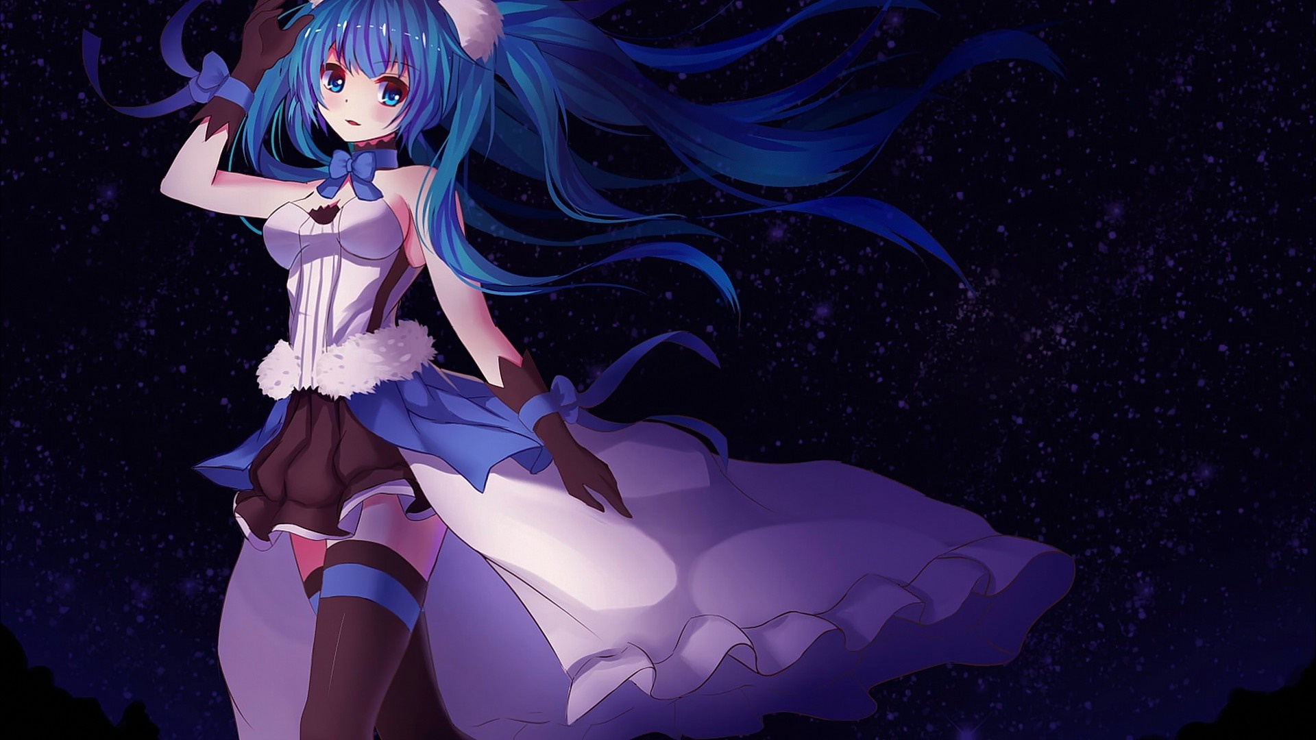 Anime girl with blue hair and blue eyes in a starry night HD Wallpaper