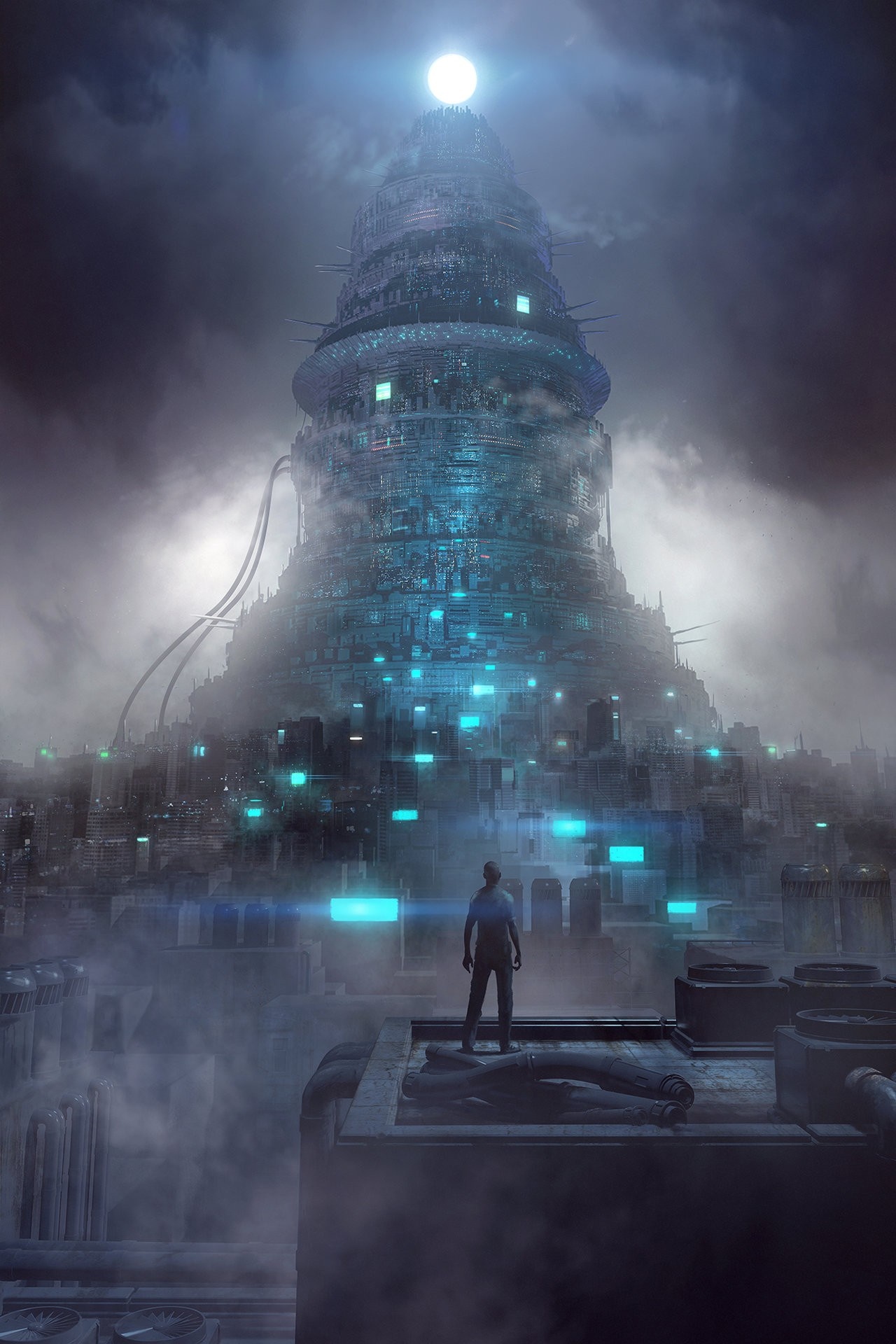 Sci-fi city with a towering structure and a lone figure HD Wallpaper