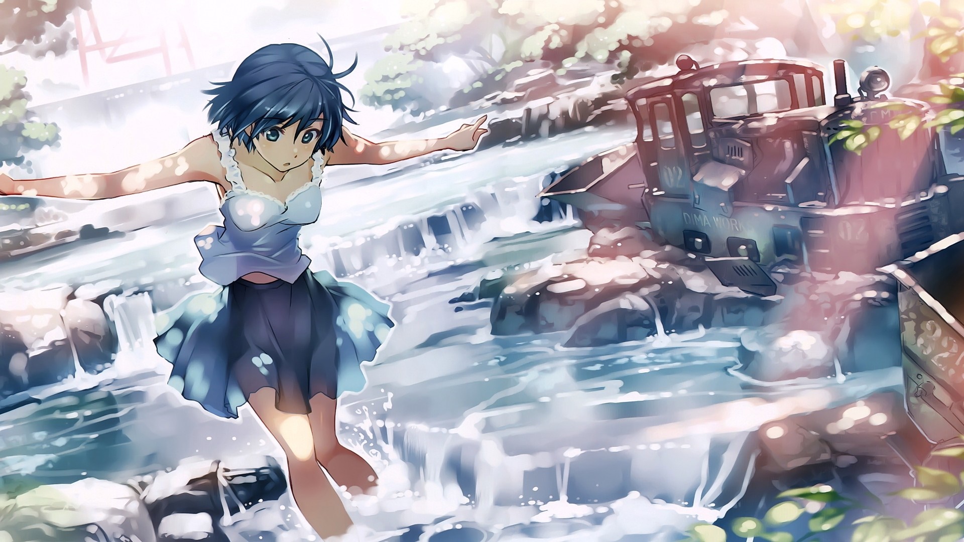 Anime girl with blue hair and eyes in water HD Wallpaper
