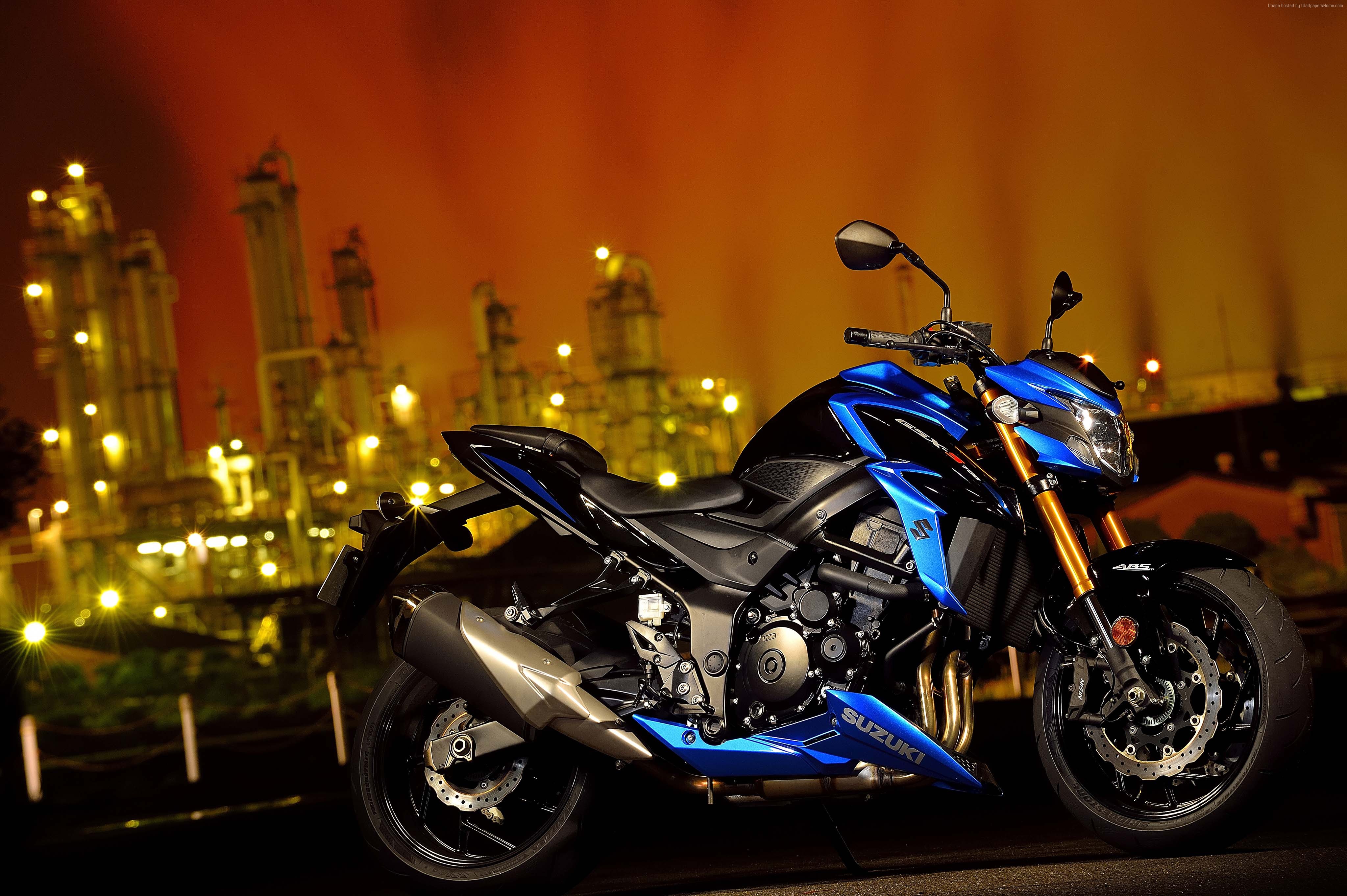 4K Suzuki GSX-S750 motorcycle at industrial plant HD Wallpaper