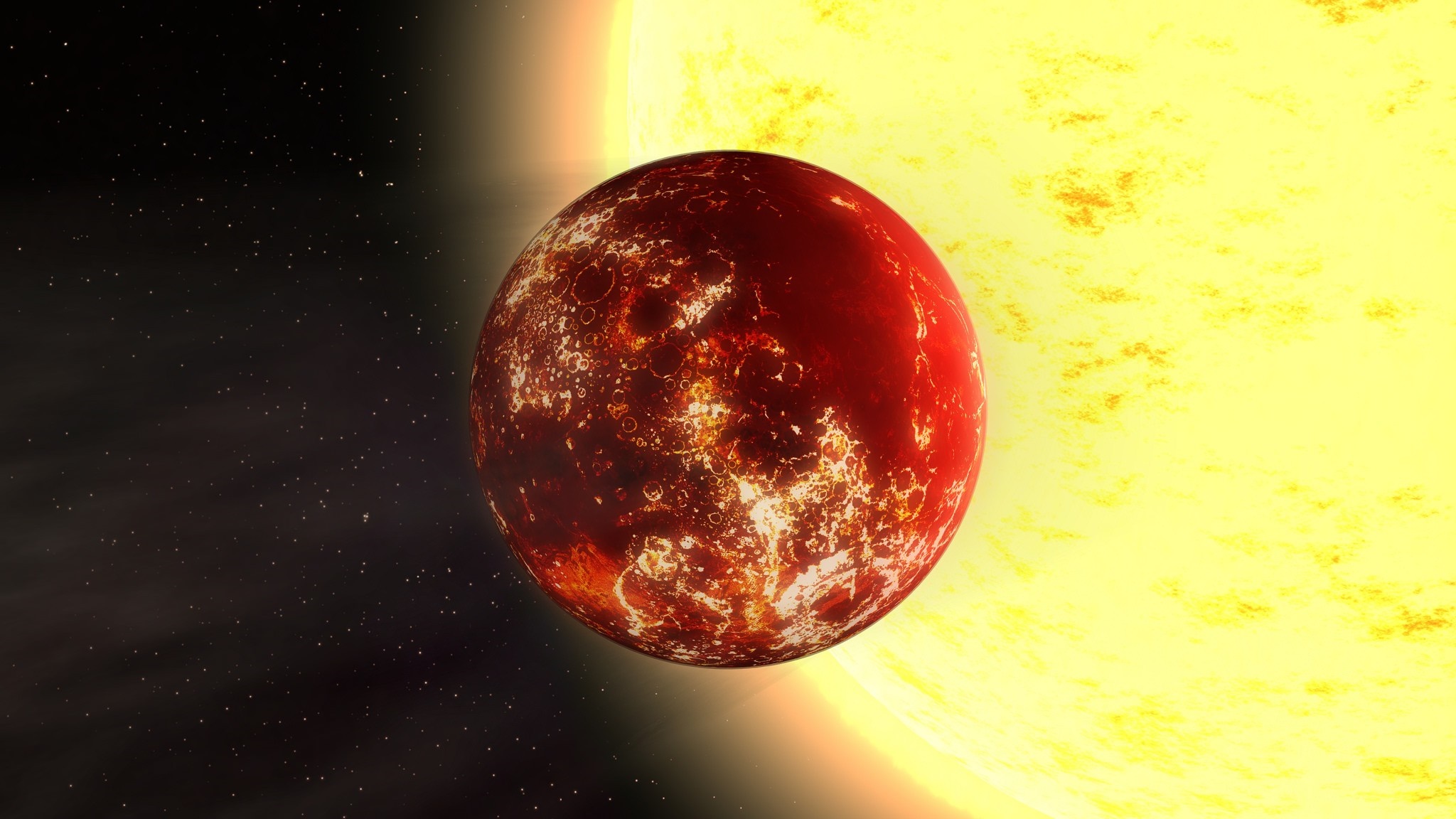 A red, rocky planet orbits a bright yellow sun in space HD Wallpaper