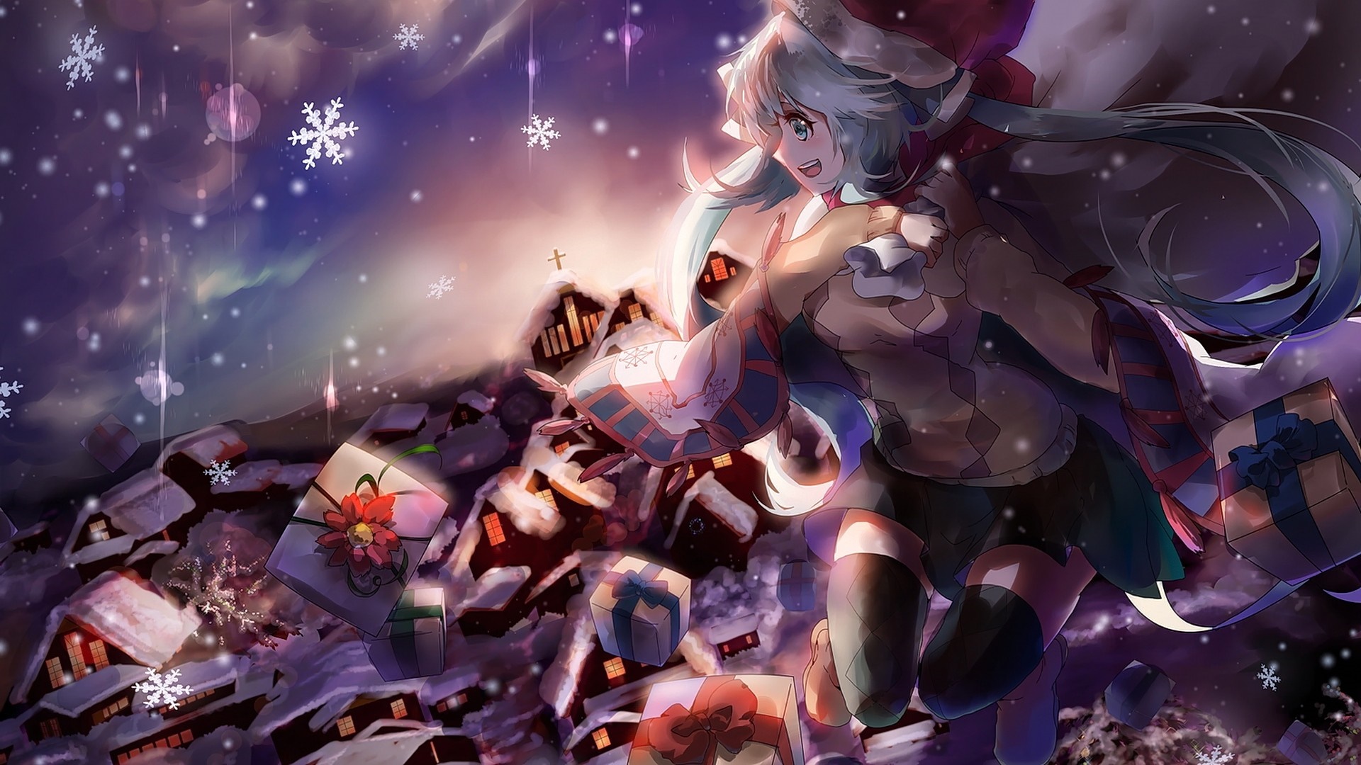 Anime girl in Christmas hat with presents in snowy village HD Wallpaper