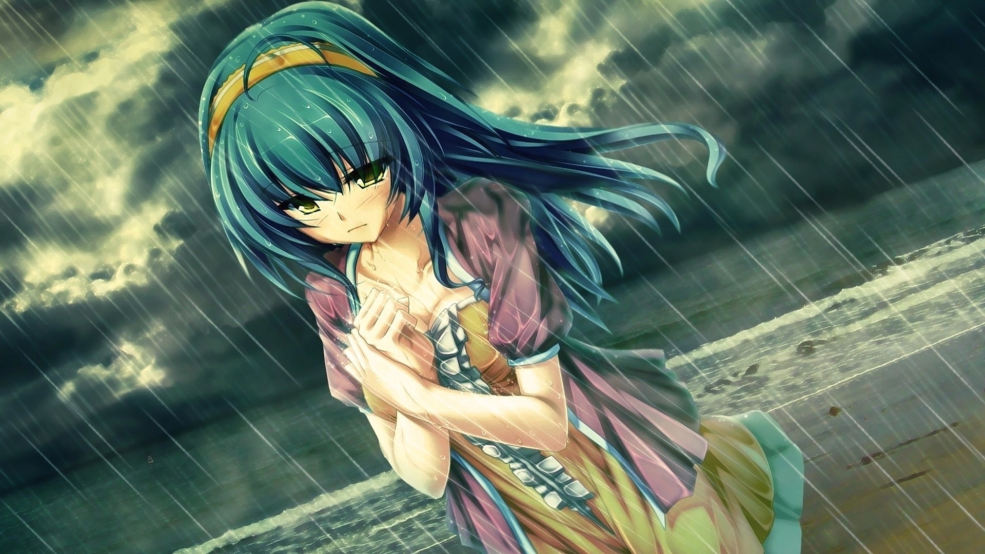 Anime girl with blue hair in the rain HD Wallpaper