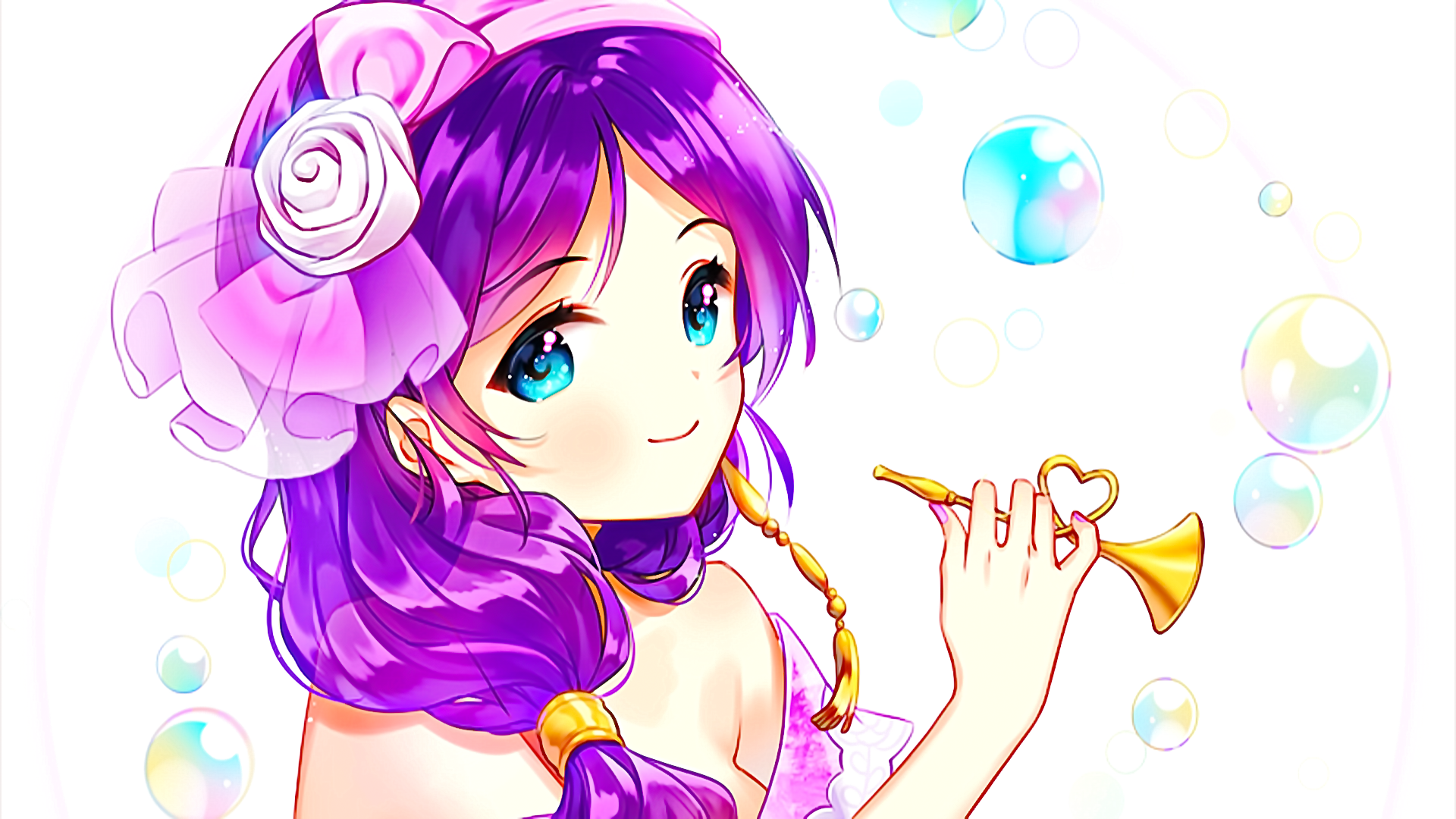 Anime girl with purple hair playing a horn HD Wallpaper