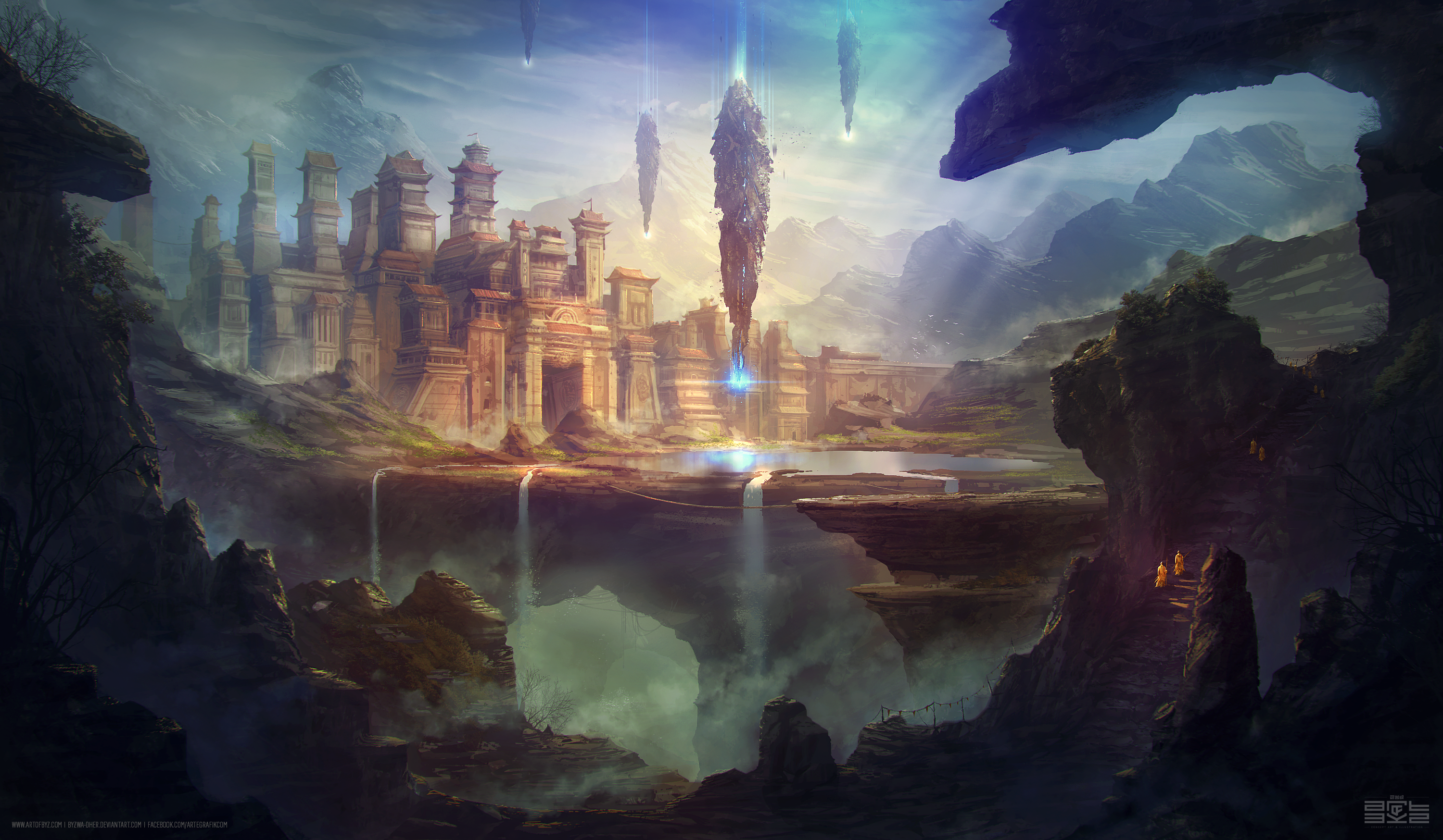 Fantasy landscape with Asian-inspired architecture and floating islands HD Wallpaper