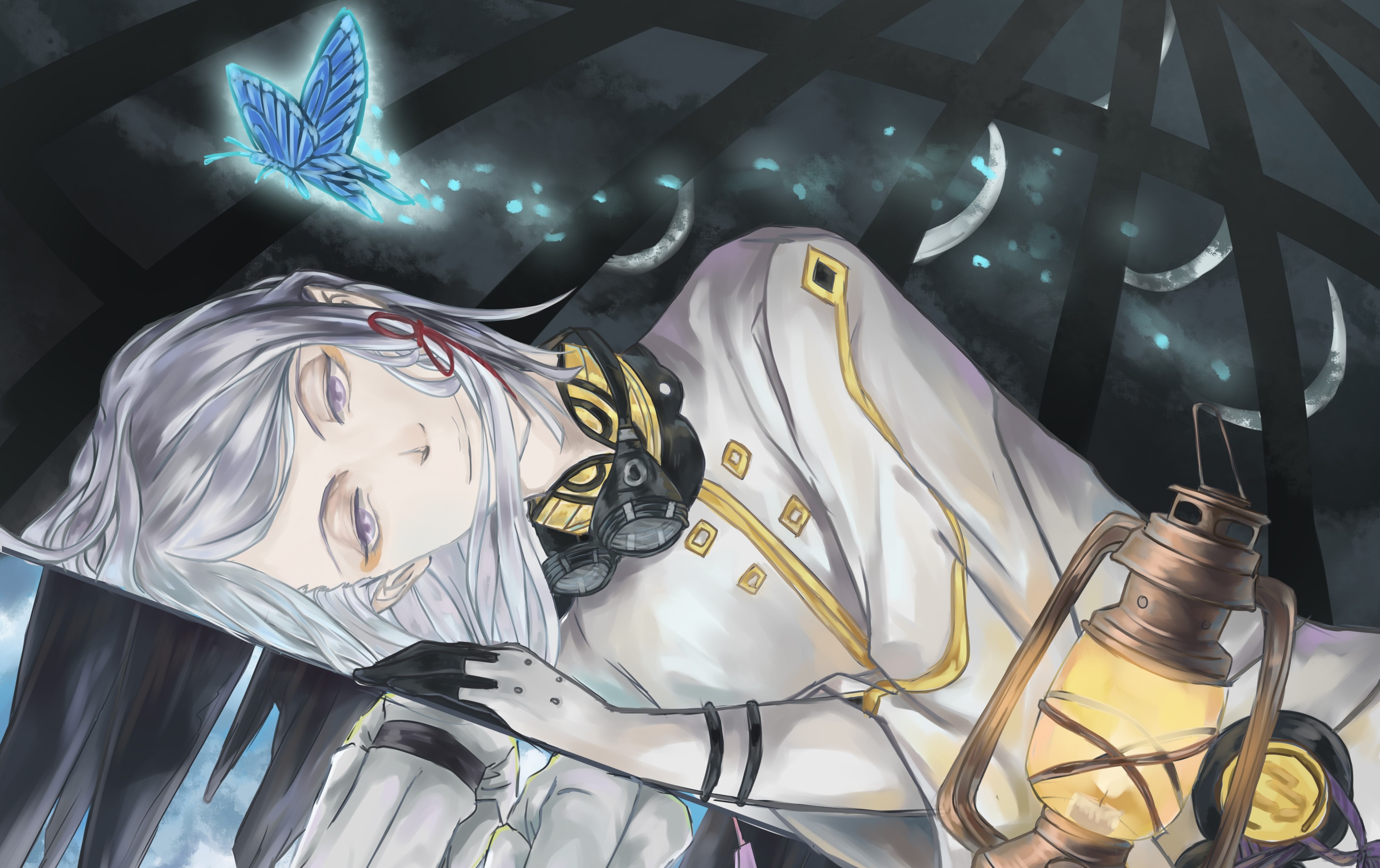 Anime illustration of a person with a lantern and butterfly HD Wallpaper