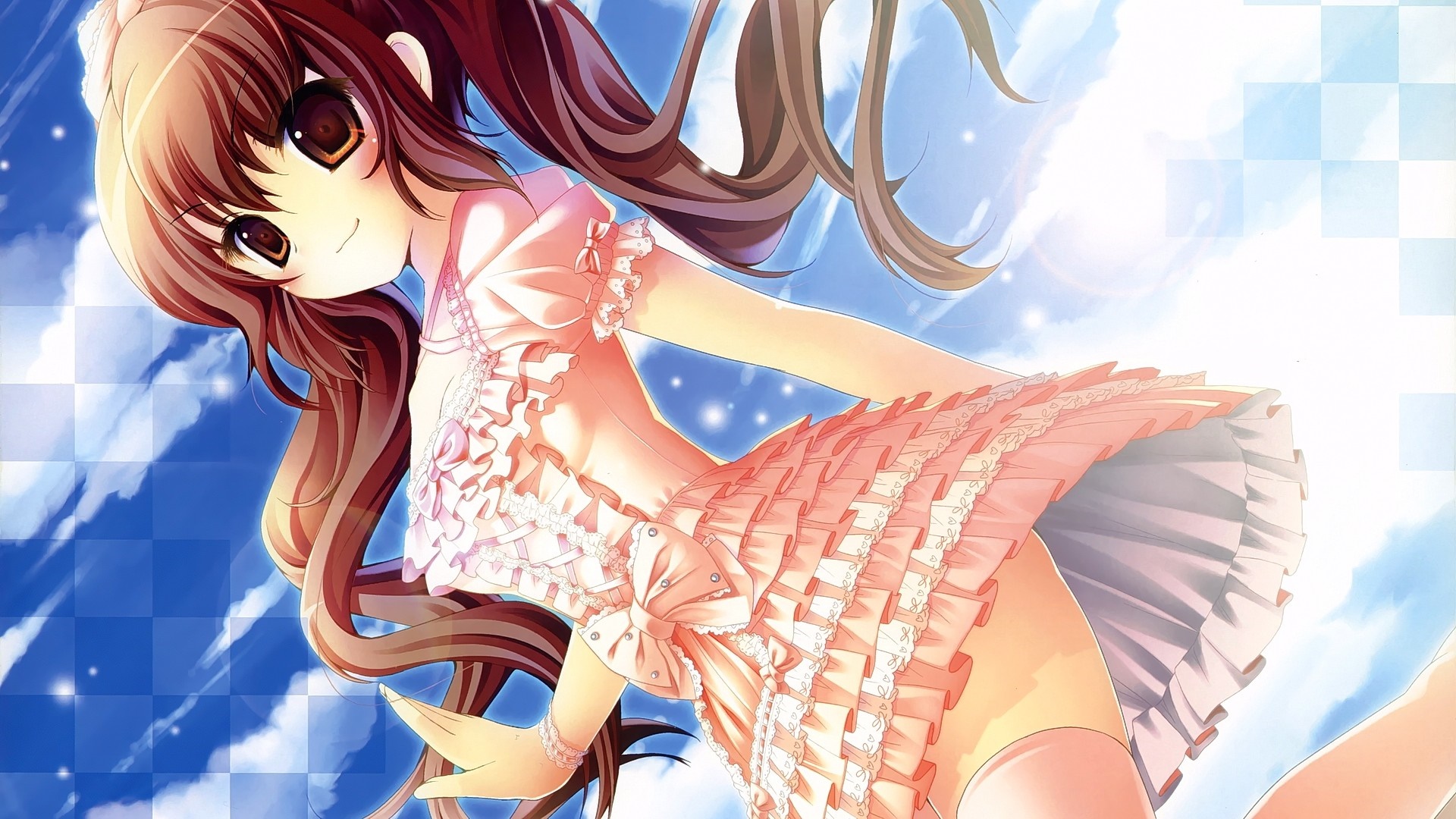 Anime girl with long brown hair in a pink dress HD Wallpaper