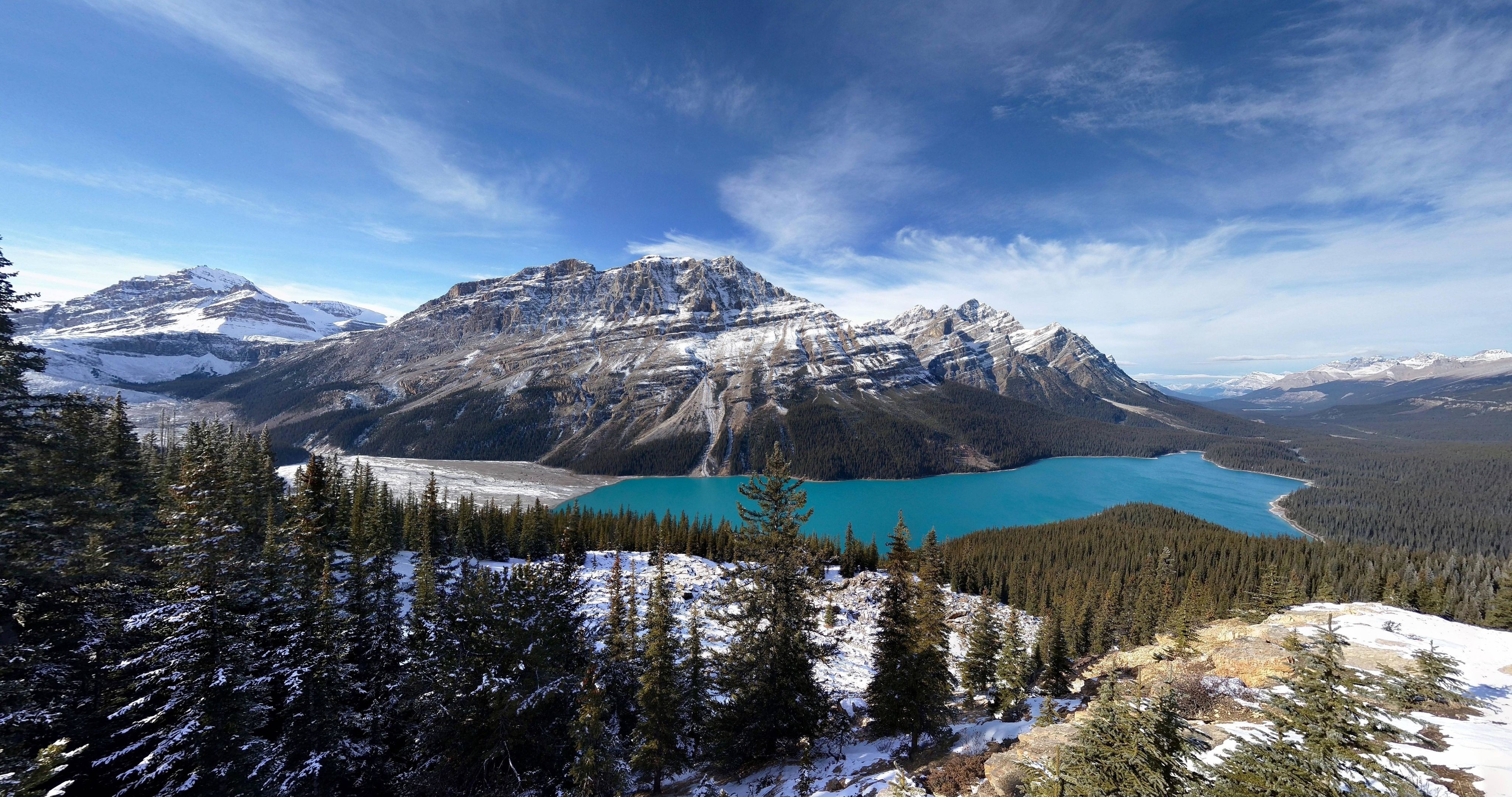 Snowy Mountain Lake Landscape with Pine Forest HD Wallpaper