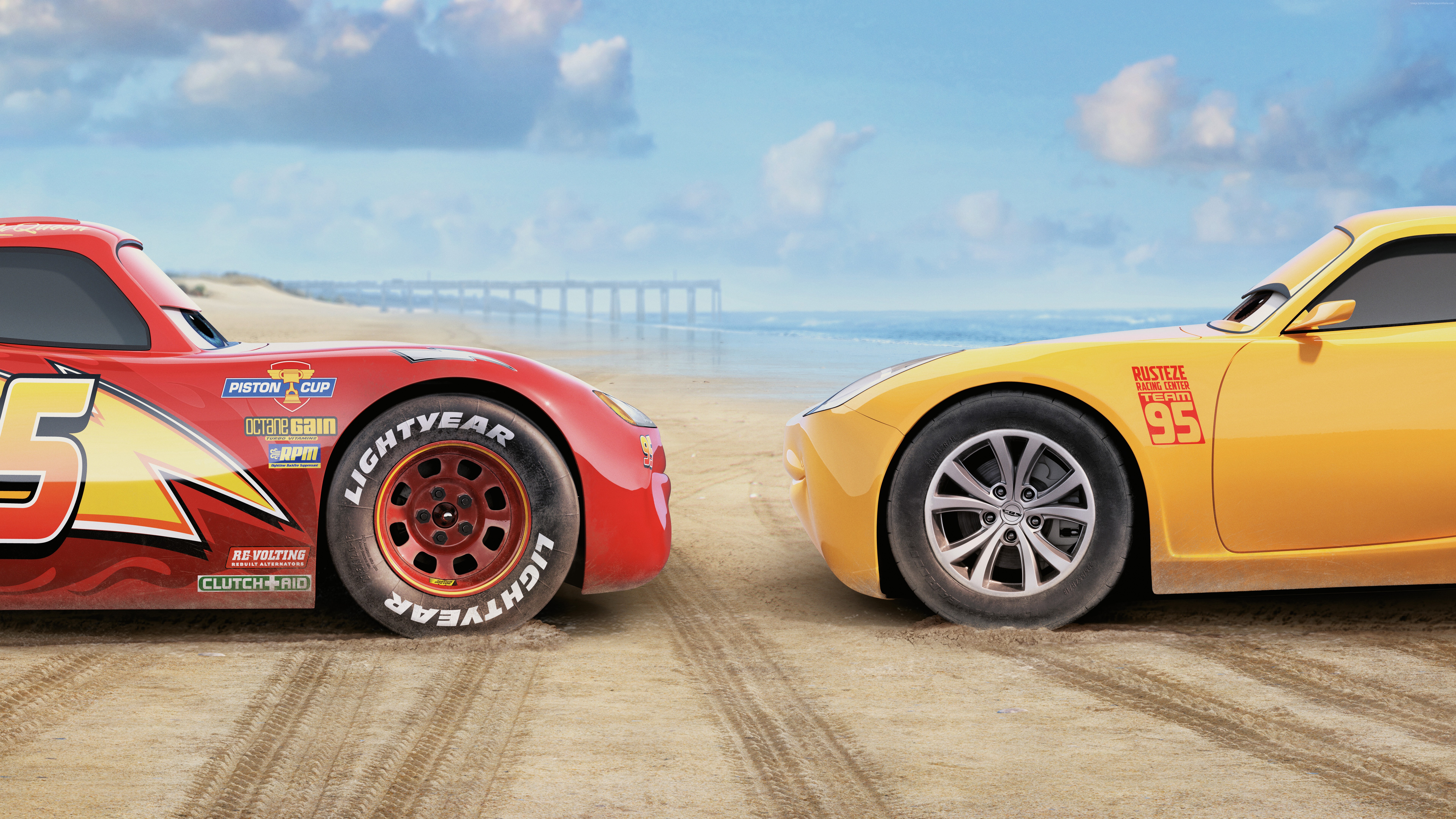 Lightning McQueen and Cruz Ramirez from Cars 3 on a beach HD Wallpaper
