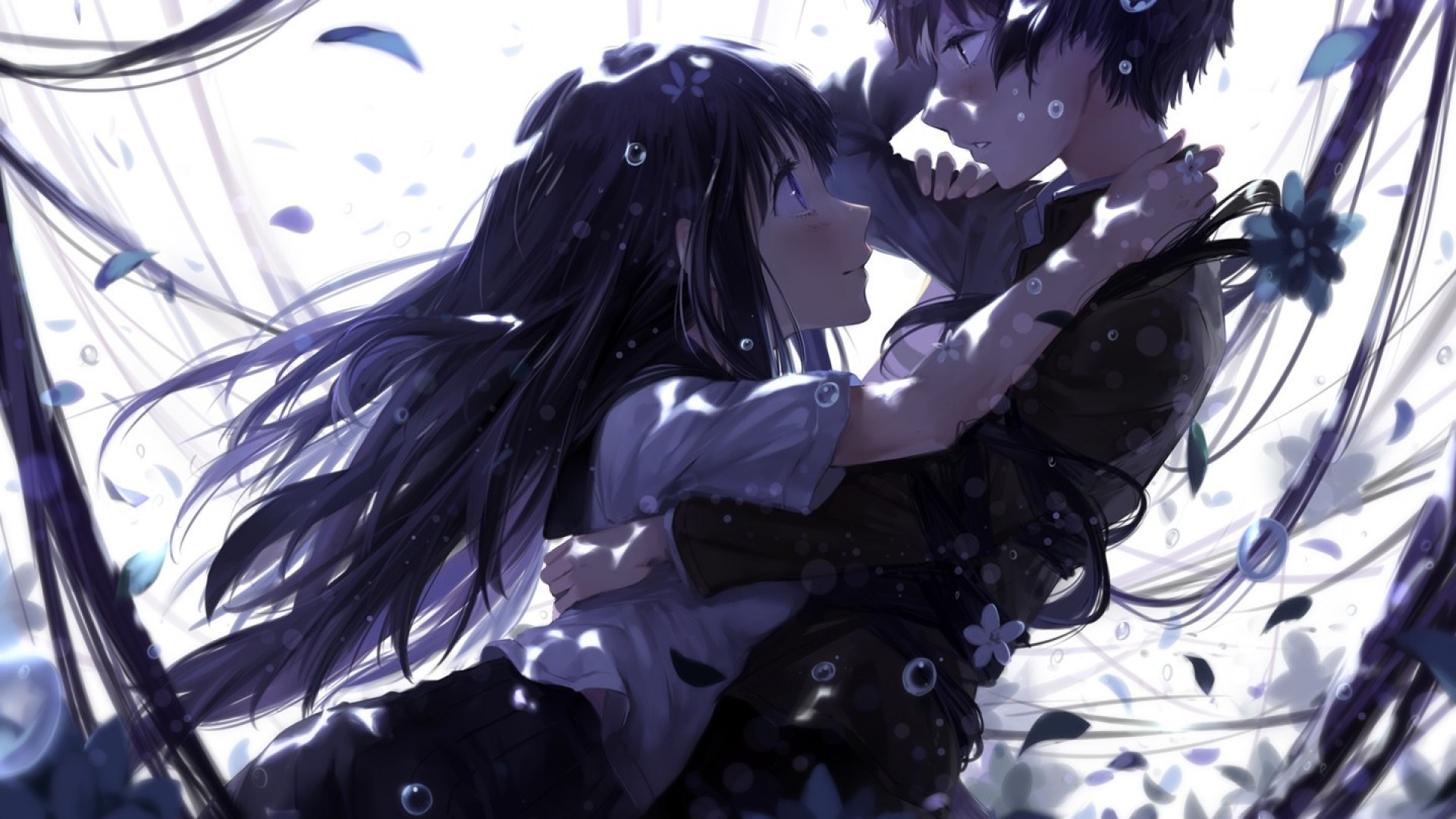 Anime couple embracing amidst falling petals HD Wallpaper