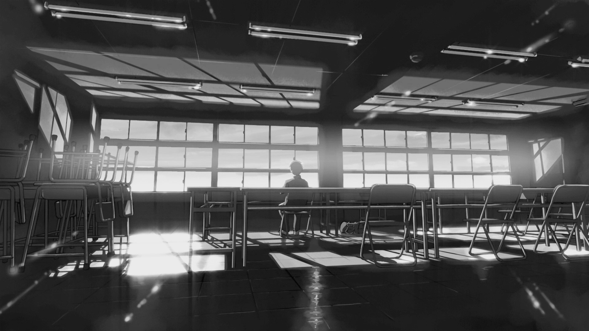 Anime classroom with student and sunlight HD Wallpaper