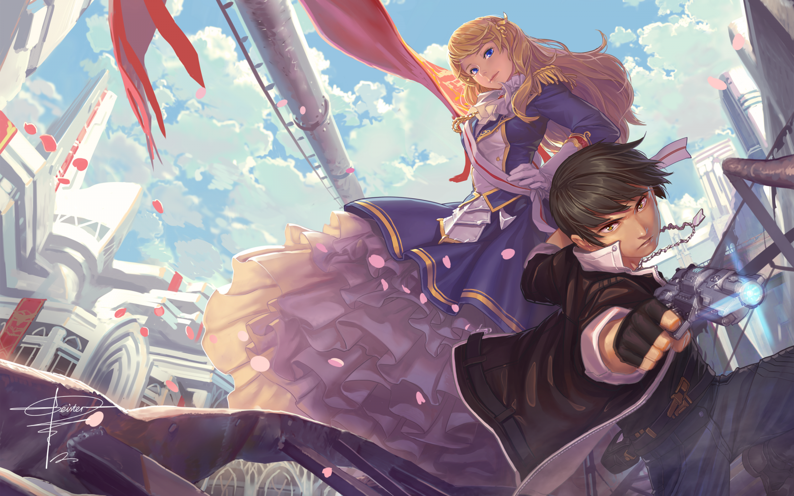 Anime illustration of a woman in a blue dress and a man with a gun HD Wallpaper
