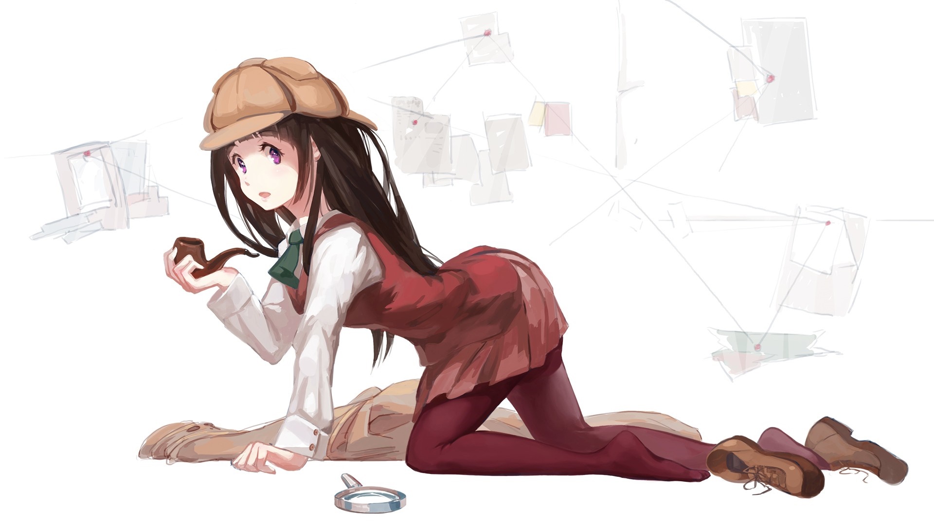 Anime girl in detective outfit with pipe and magnifying glass HD Wallpaper