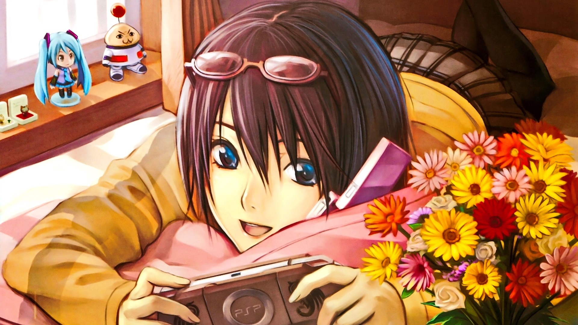 Anime girl with glasses playing PSP with flowers HD Wallpaper