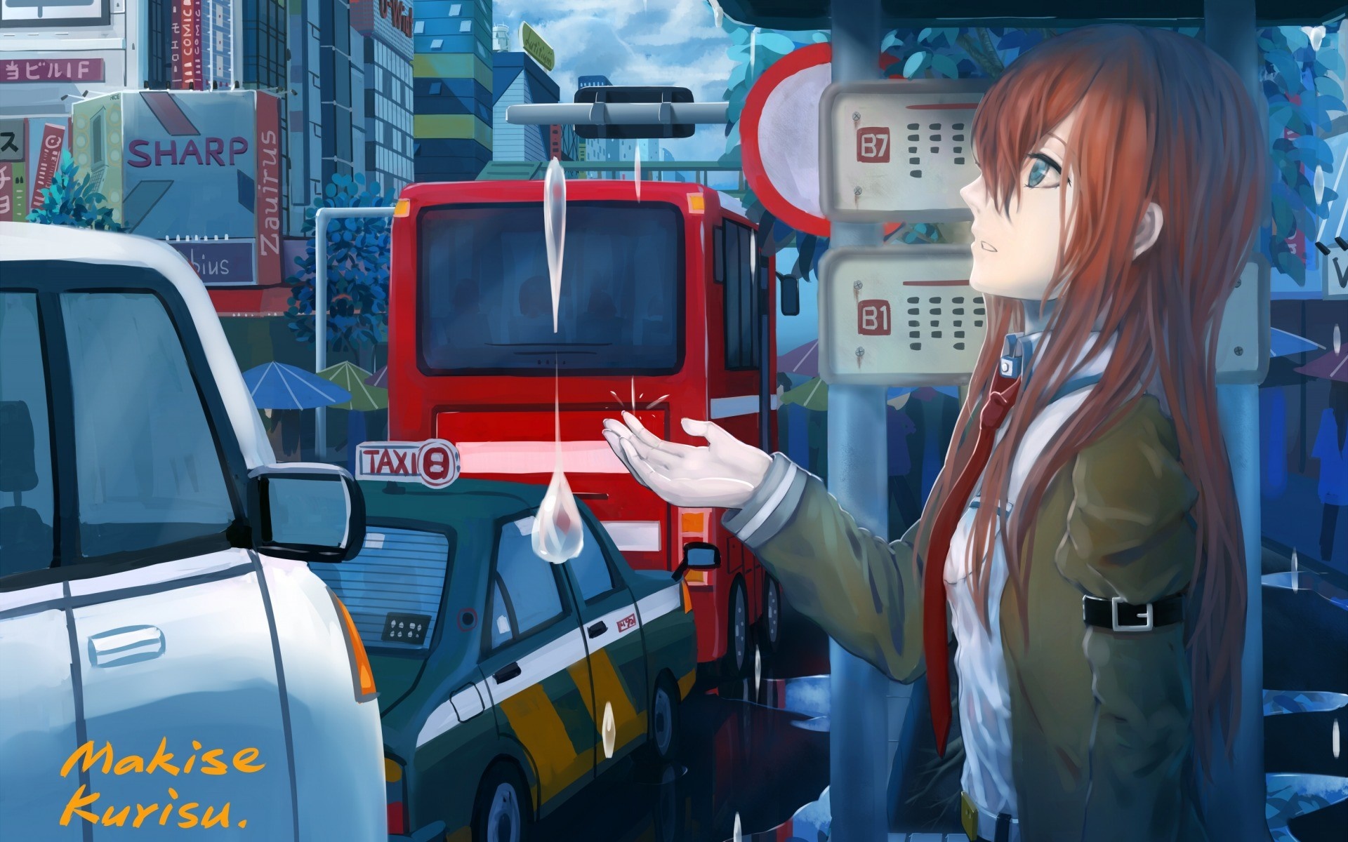 Makise Kurisu from Steins;Gate in a rainy city HD Wallpaper