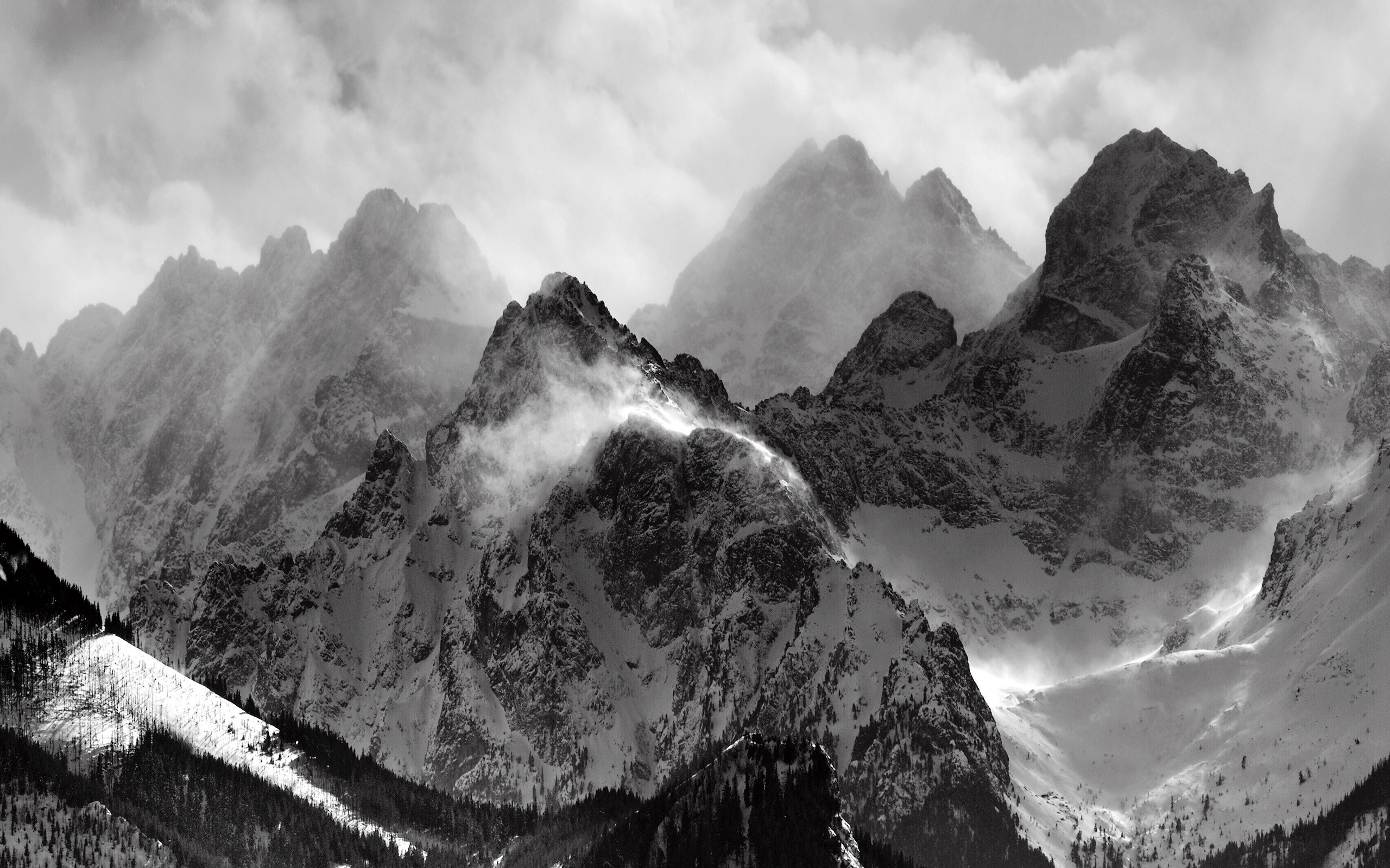 Monochrome mountain range with snow and mist HD Wallpaper