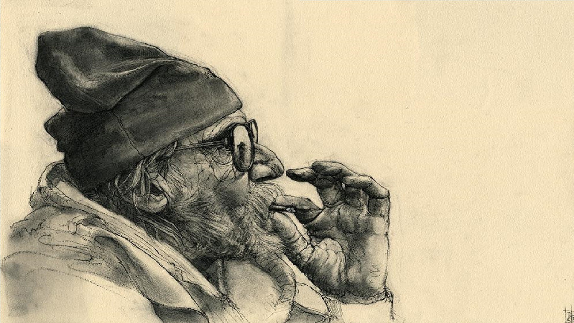 Drawing of an old man with glasses and a hat HD Wallpaper