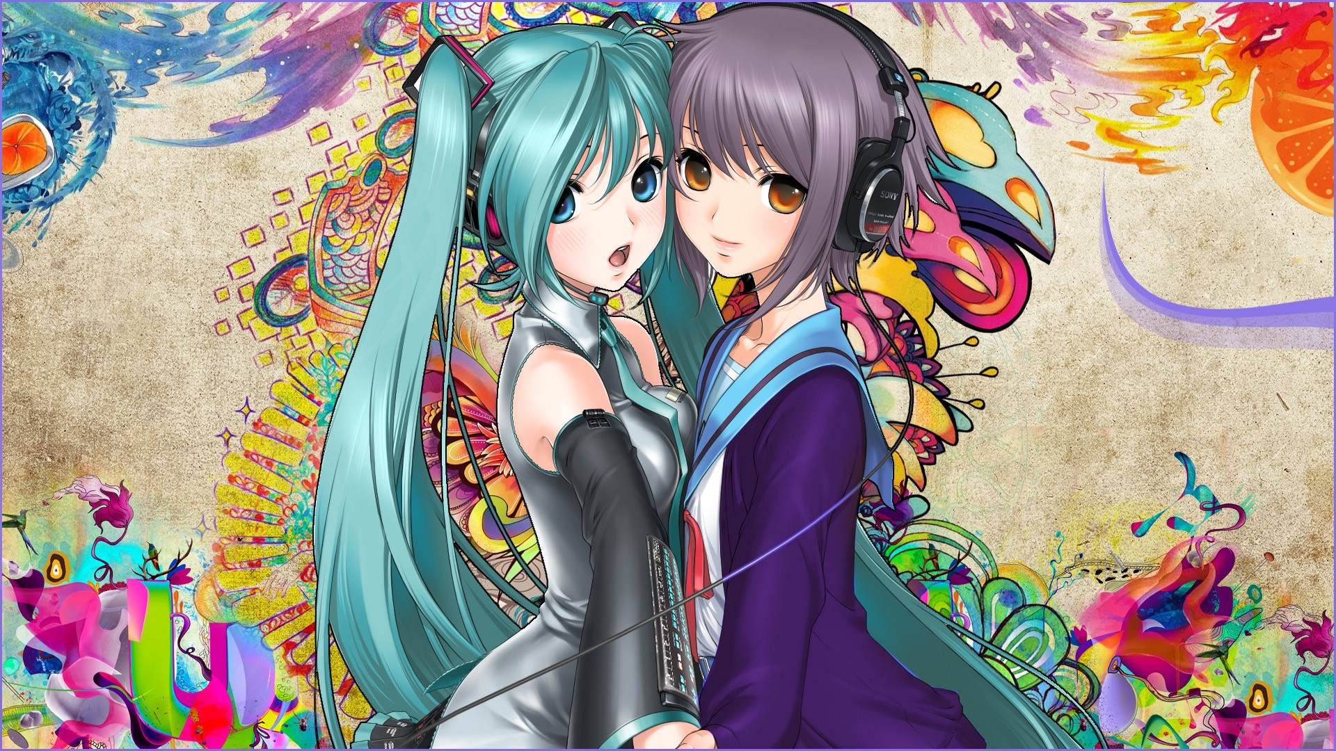 Hatsune Miku and Nagato Yuki from Vocaloid and Haruhi Suzumiya HD Wallpaper