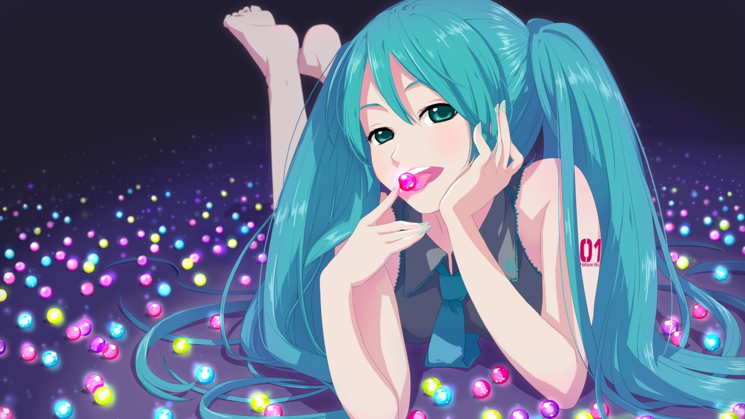 Hatsune Miku from Vocaloid with candy HD Wallpaper