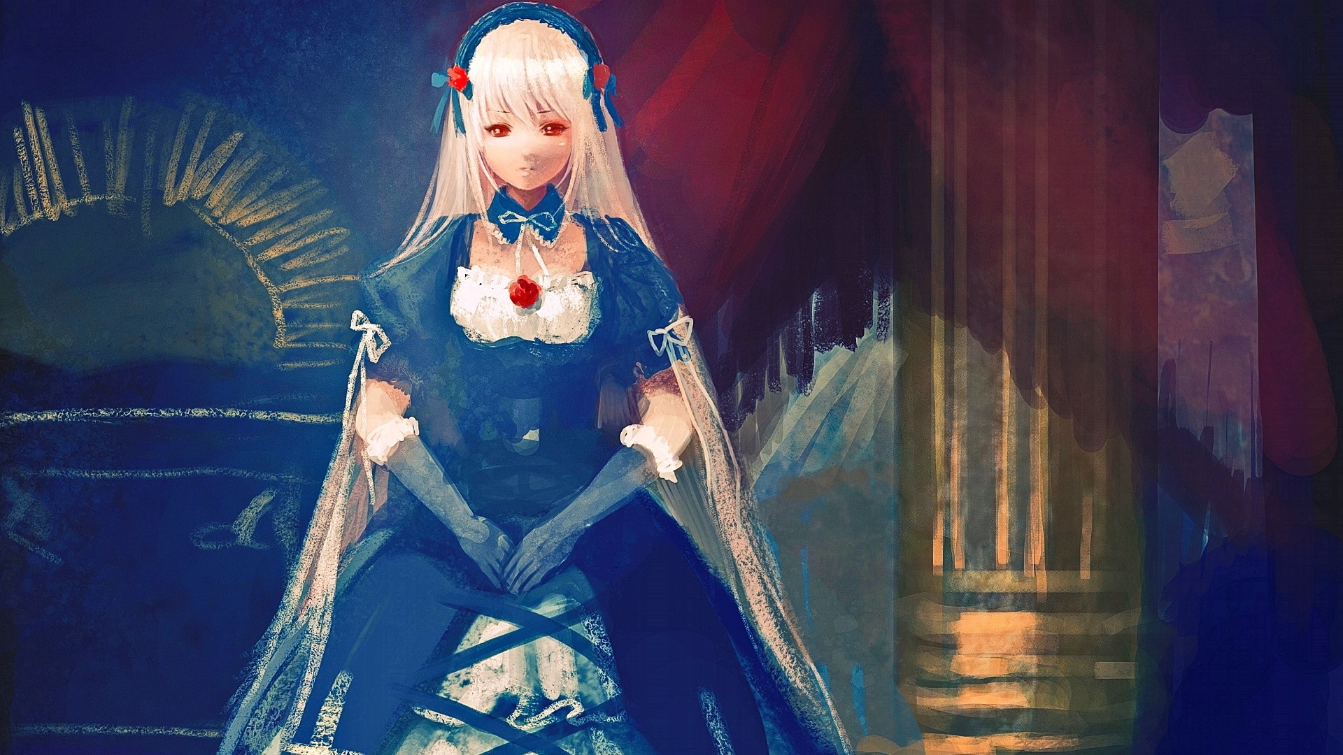 Anime girl with long white hair and red eyes in a blue dress HD Wallpaper