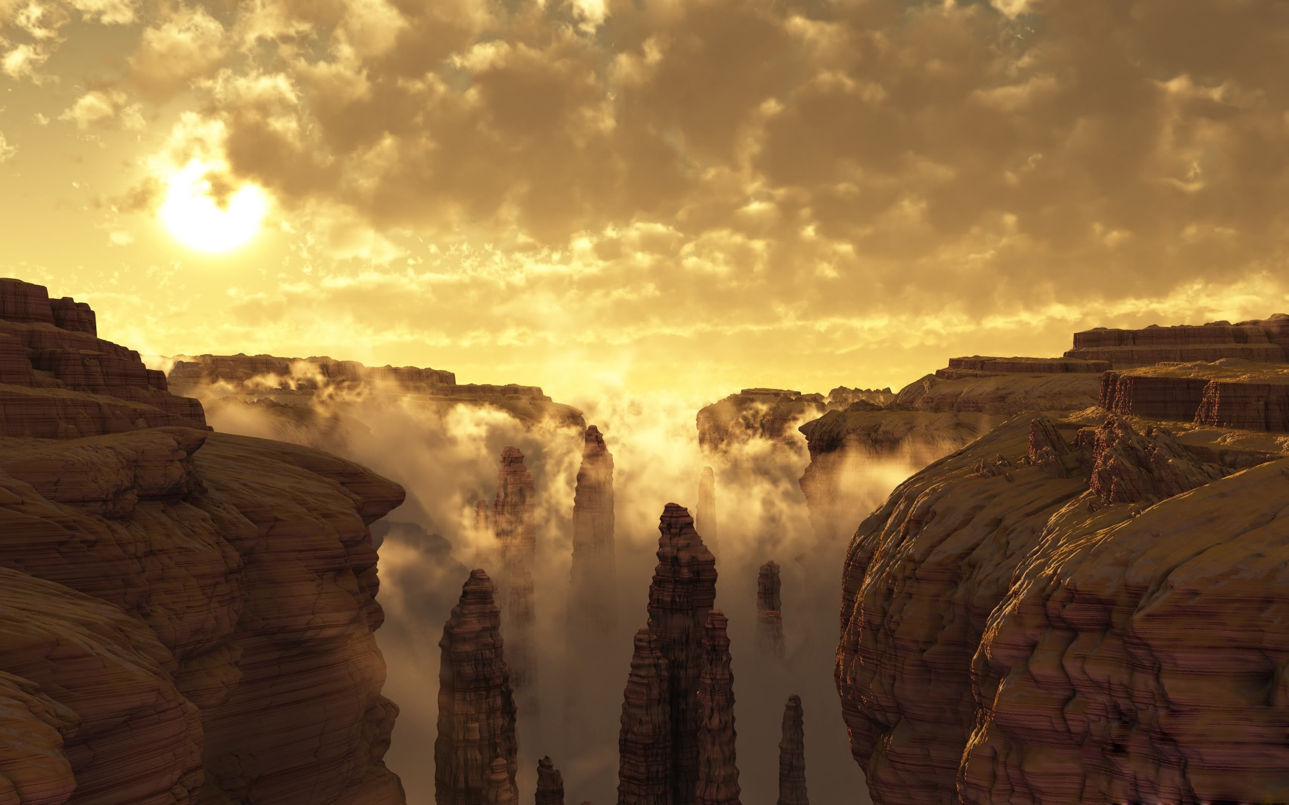 Canyon landscape with rock spires and clouds at sunrise HD Wallpaper