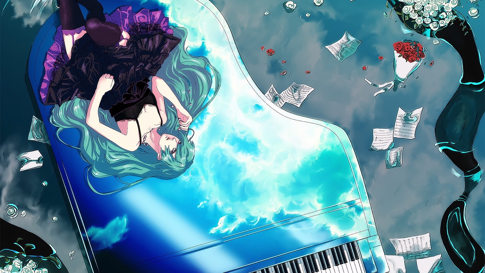 Hatsune Miku lying on a piano with flowers and sheet music HD Wallpaper