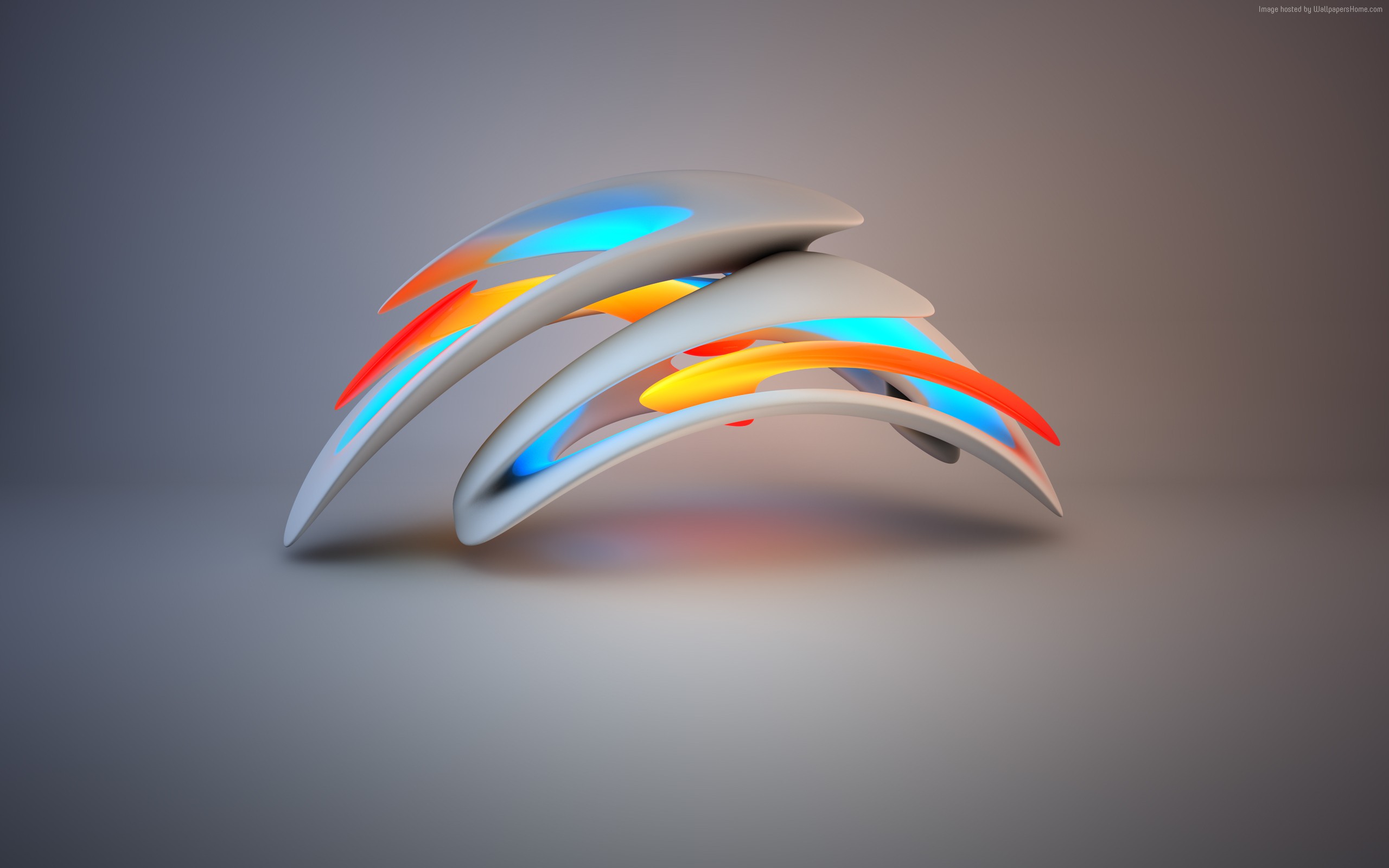 Abstract 3D sculpture with blue, yellow, and orange lights HD Wallpaper