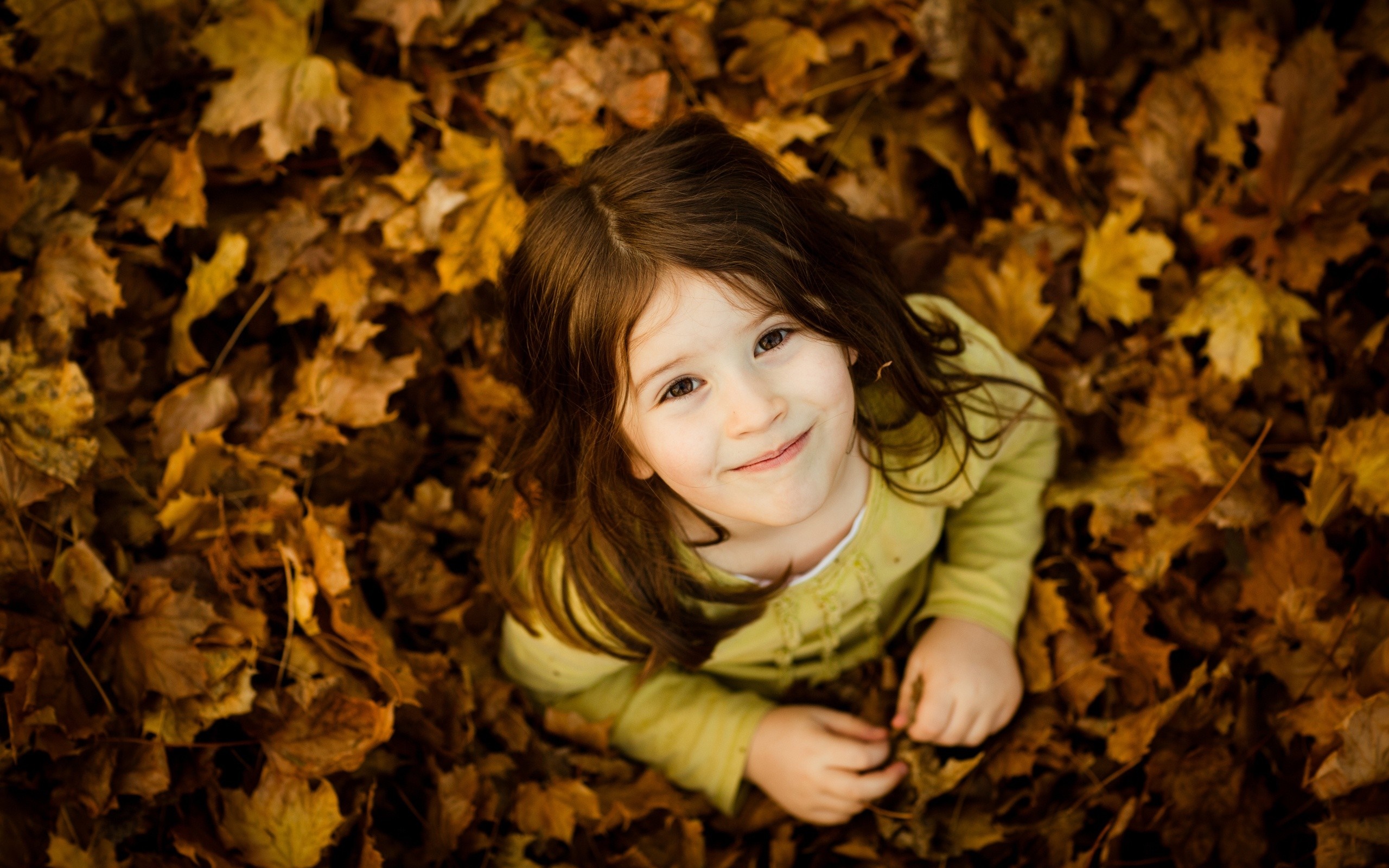 A young girl smiles while lying in fallen autumn leaves HD Wallpaper