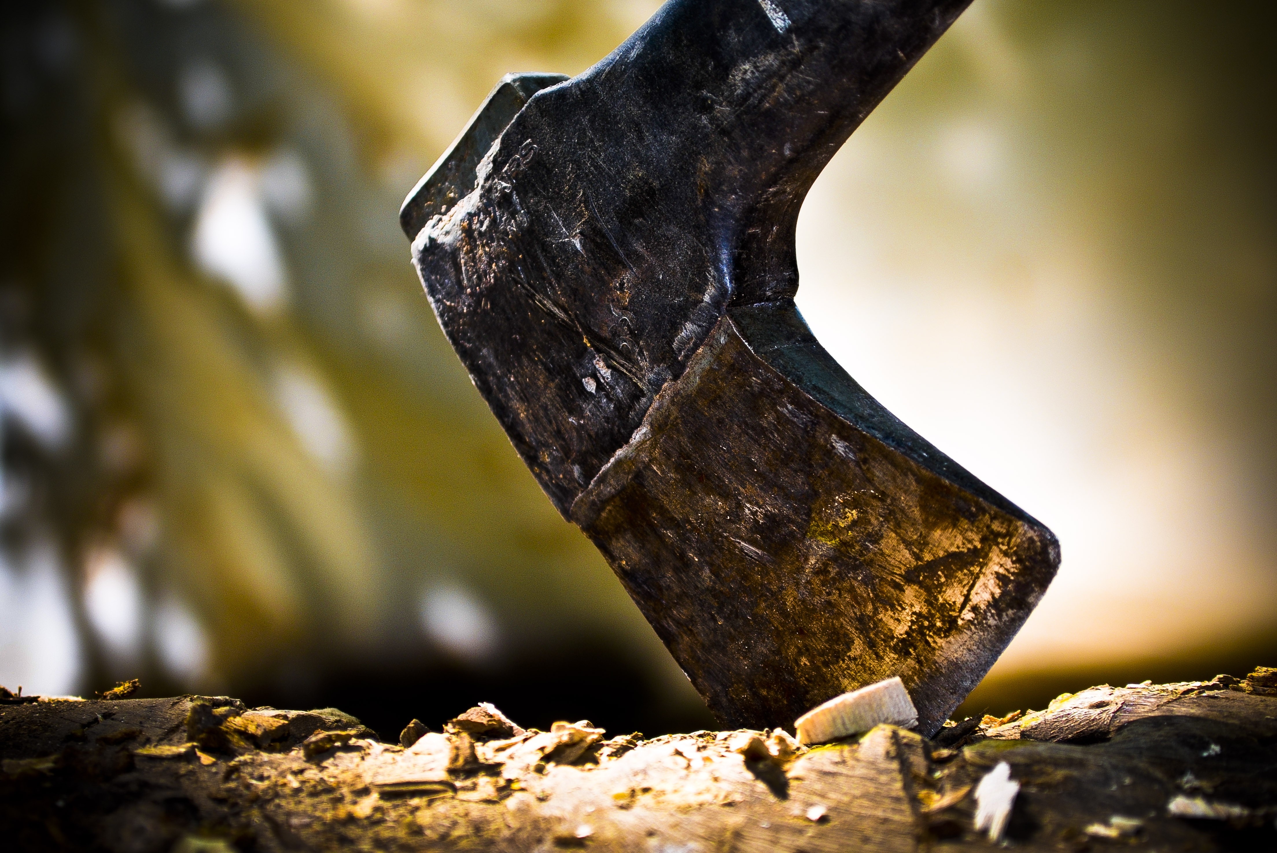 Close-up of an axe head on wood HD Wallpaper
