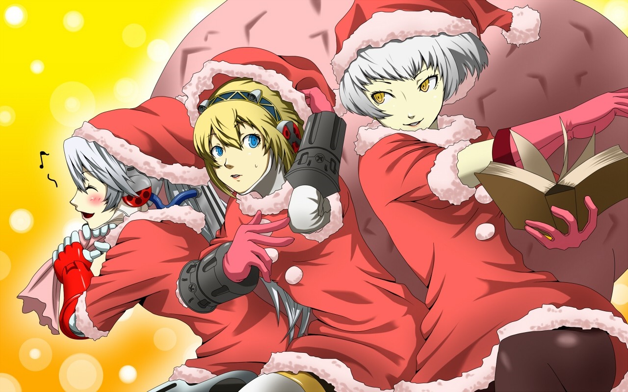 Persona series anime girls in Santa outfits HD Wallpaper