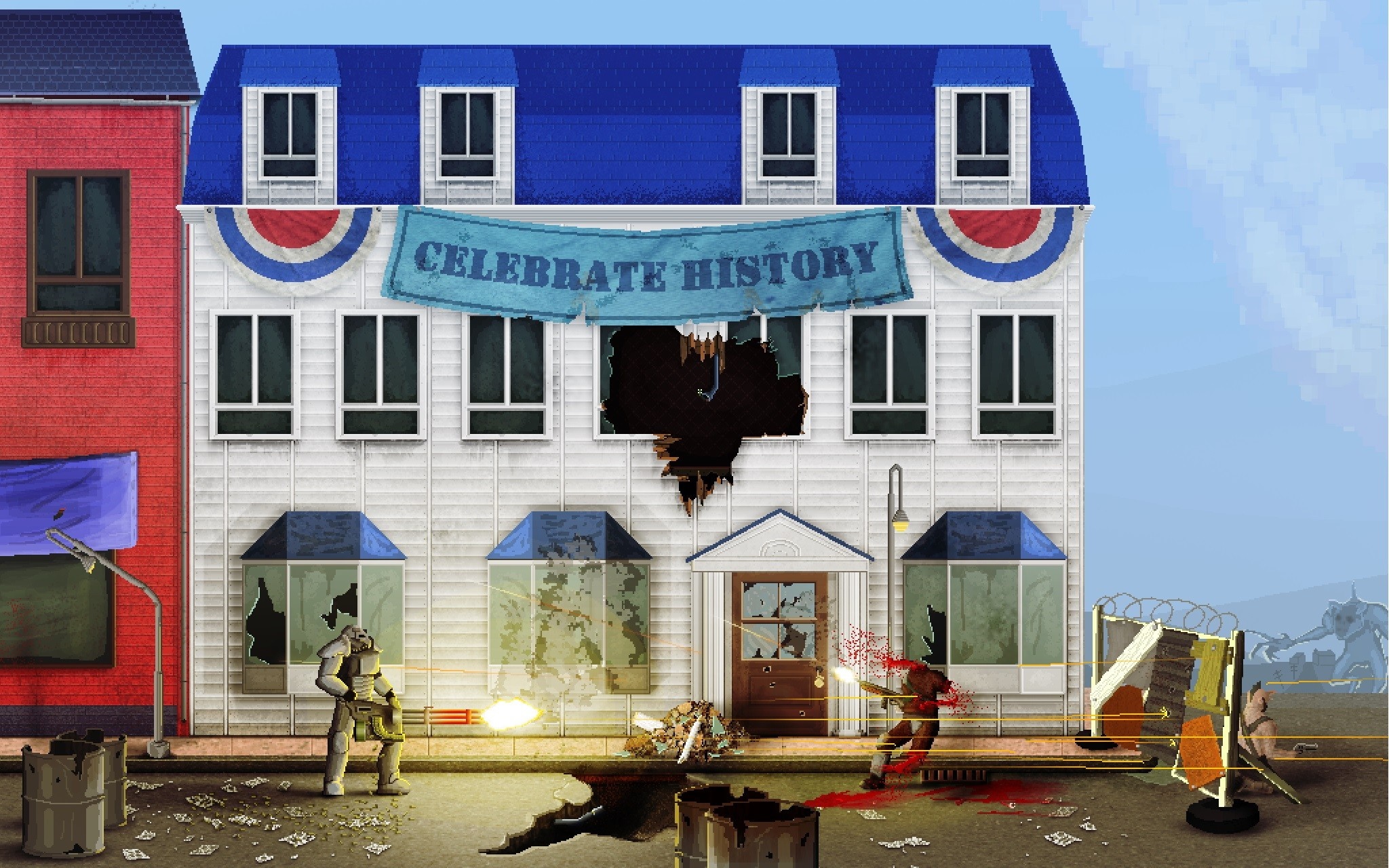 Fallout scene with soldiers and destroyed building HD Wallpaper