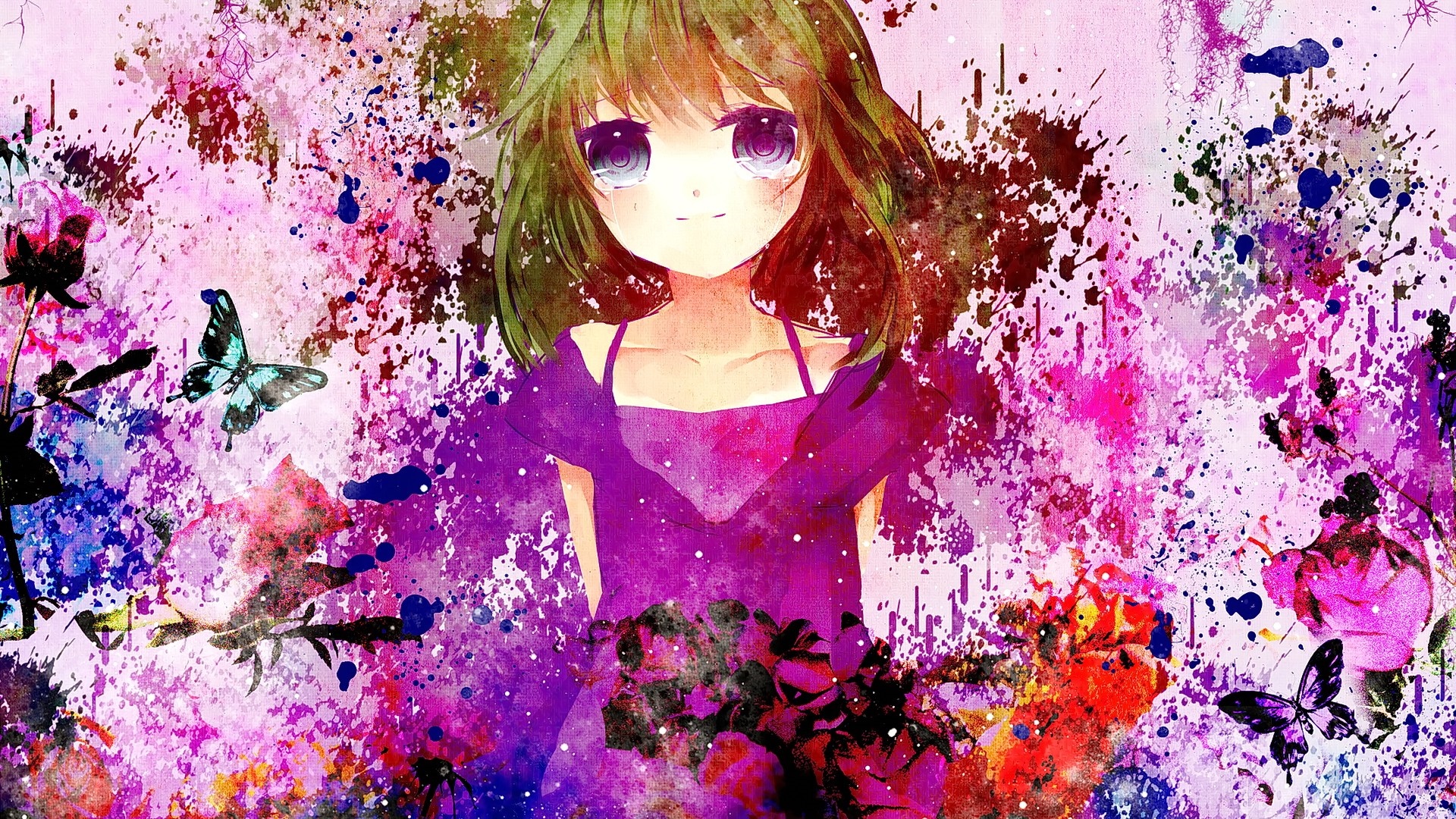Megpoid Gumi from Vocaloid with Green Hair and Purple Eyes HD Wallpaper